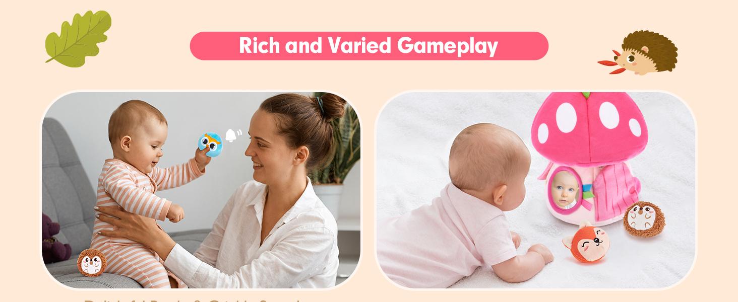 hahaland Easter Basket Stuffers My First Mushroom House with Stuffed Jungle Animals, Rattle, Crinkle Paper, Mirror - Sensory Montessori Developmental Toys for Toddlers 1 Year Old Girl Gifts Stuffers Playpen Newborn Cute Baby Toy 6-12 Months