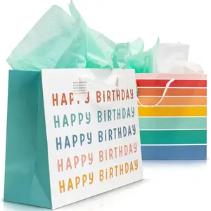 Beautiful Birthday Gift Bags Set of 2 - Large 16" Bags with Handles incl. Matching Tissue Paper, Cards & Stickers - Reusable & For Presents of Any Birthday, Weddings, Mothers Day & Other Occasions