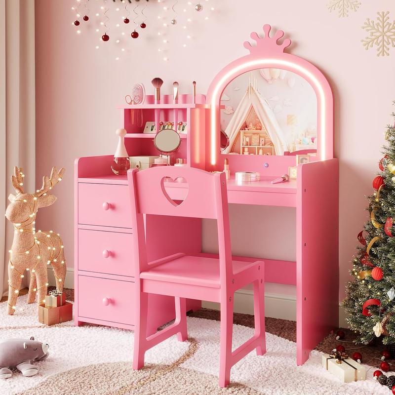 Kids Vanity Desk with Mirror and Lights, White Princess Wooden Makeup Vanity with Chair, Storage Shelves and Drawers, 2-in-1 Girls Dressing Table