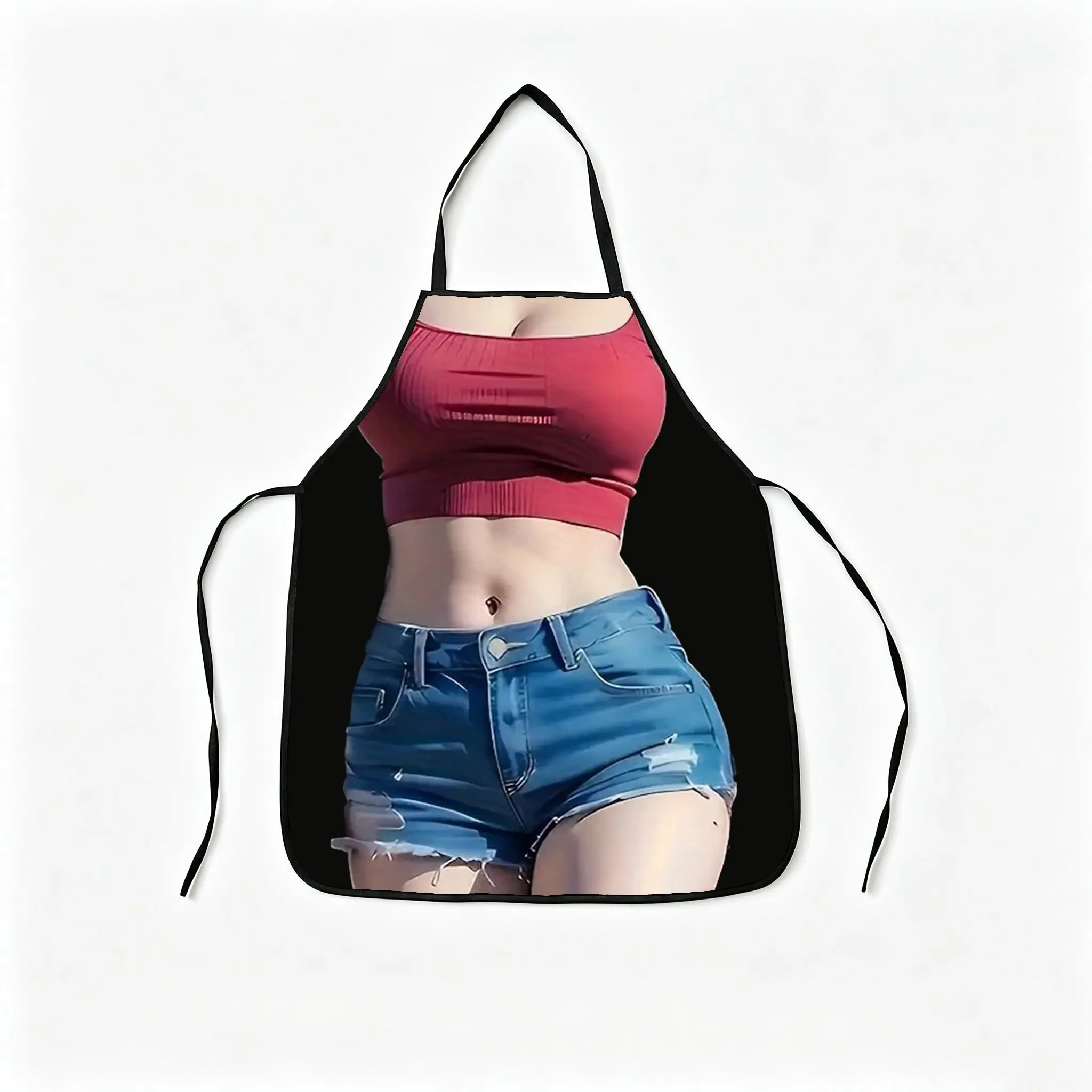 Visual Illusion Women's Crop Top, Ripped Jeans Shorts Apron, Waterproof Oil-Resistant BBQ Cooking Apron, Party Gift Idea