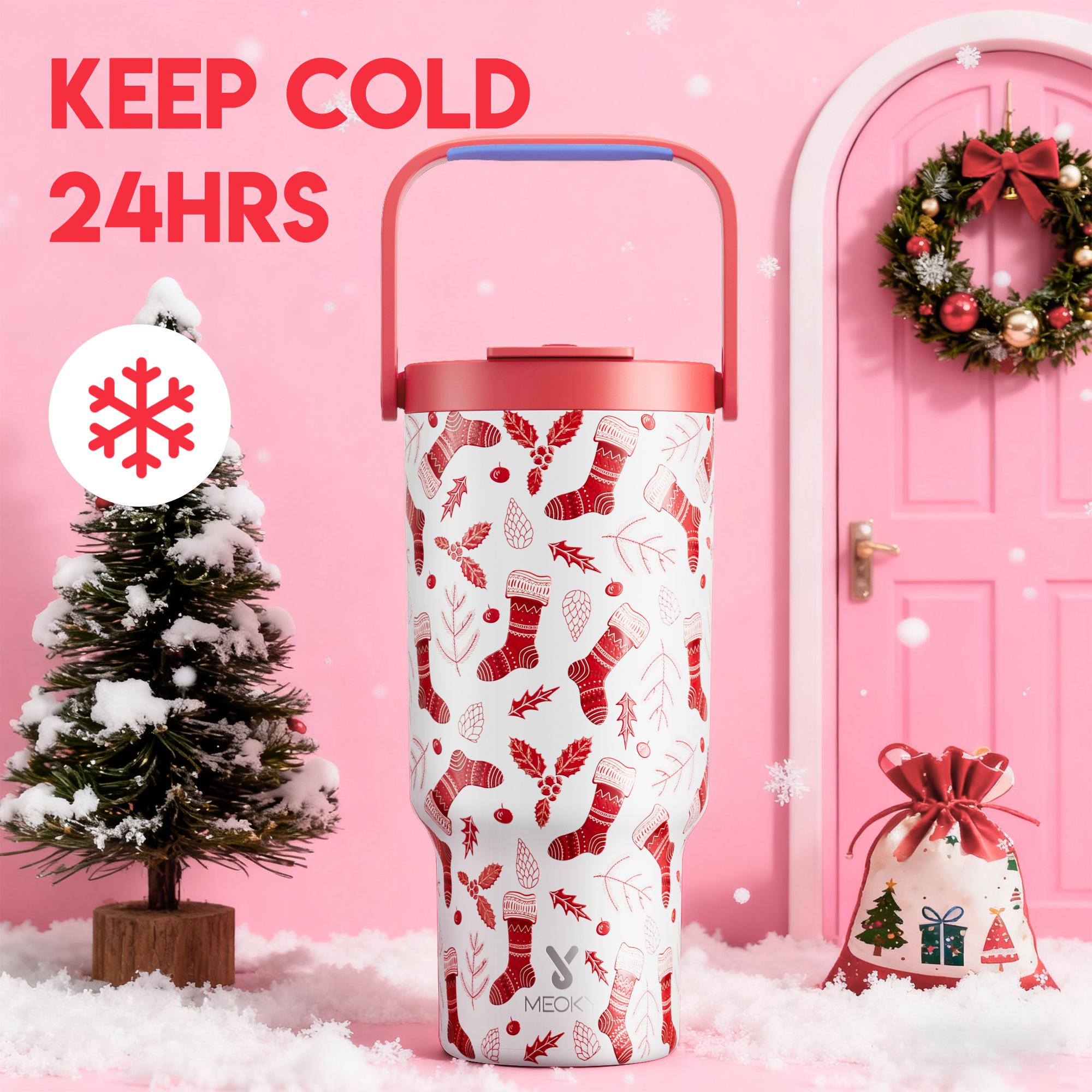【Meoky】32oz&40oz Tumbler with Handle and Straw,Hot Water Mug, Insulated Water Bottle, Stainless Steel Travel Mug, Keeps Cold, Fits in Car Cup Holder,Christmas Gift
