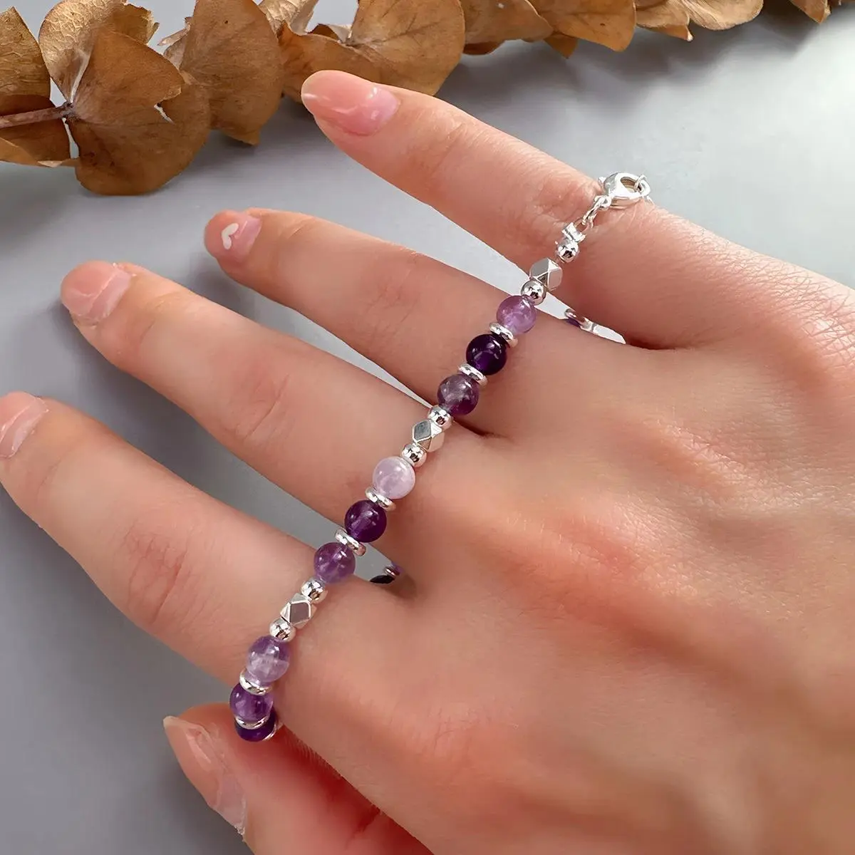 925 Sterling Silver Natural Amethyst Crystal Silver Round Bead Bracelet For Women Gift Bohemia Jewelry Dropshipping
