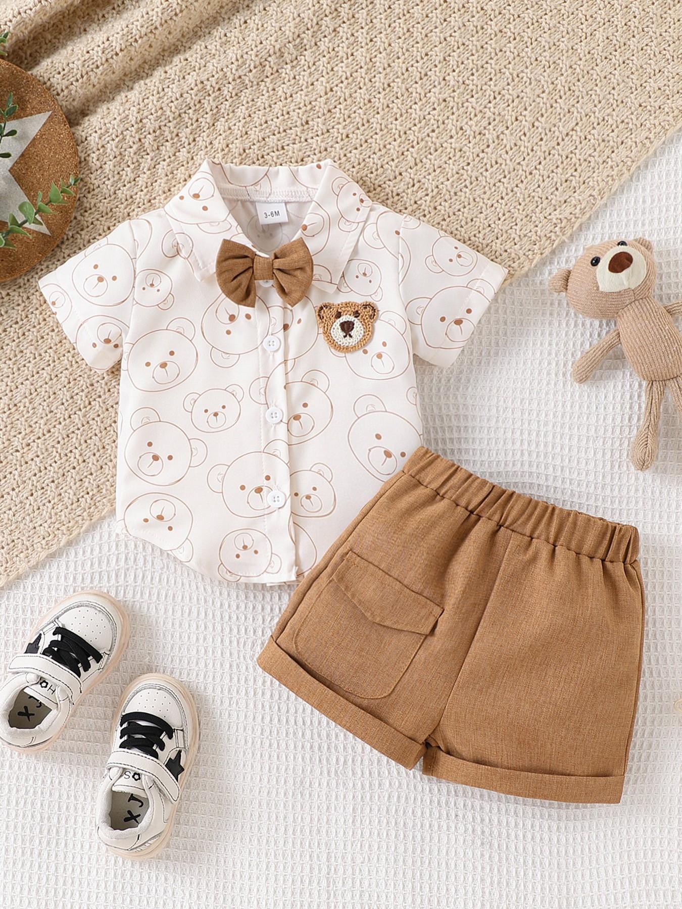 Baby Boy Bear Print Short Sleeve Shirt with Bow Shorts Set, Cute Gentleman Style Summer Comfort Two-Piece, Kids Fashion Clothing