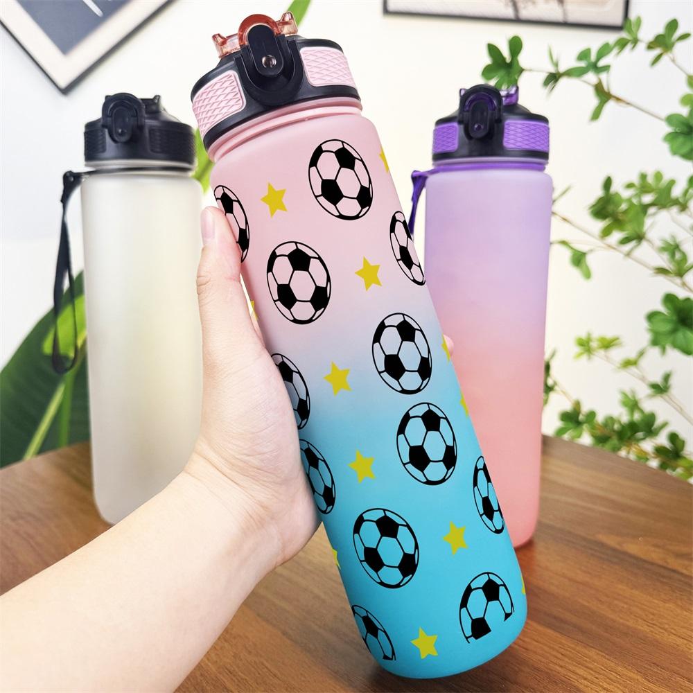 1pc 32oz Sports Water Bottle with Soccer Ball and Stars Pattern, Suitable for Sports, Fitness, Outdoor Travel, Time Marker Outdoor Durable Large Capacity Hiking Water Bottle