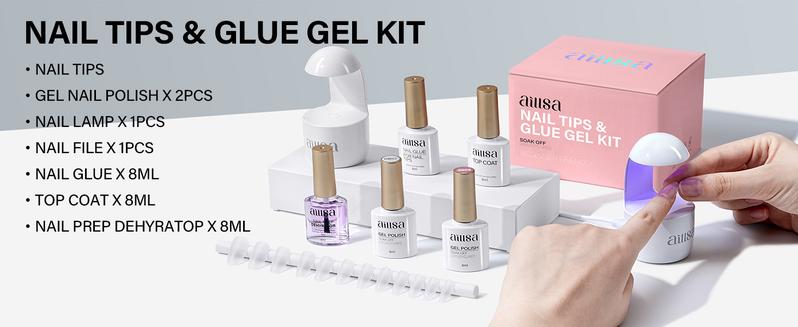 AILLSA Gel Nail Kit 240pcs Matte Almond Nail Tips with 2 In 1 Nail Glue and Nail Dehydrator, UV Light,Top Coat,2 nail color Polish Nail kit Beginners DIY Nails Tool at Home Manicure gelx Nails Birthday&Christmas Gift for Girls Nail Art Nail Care