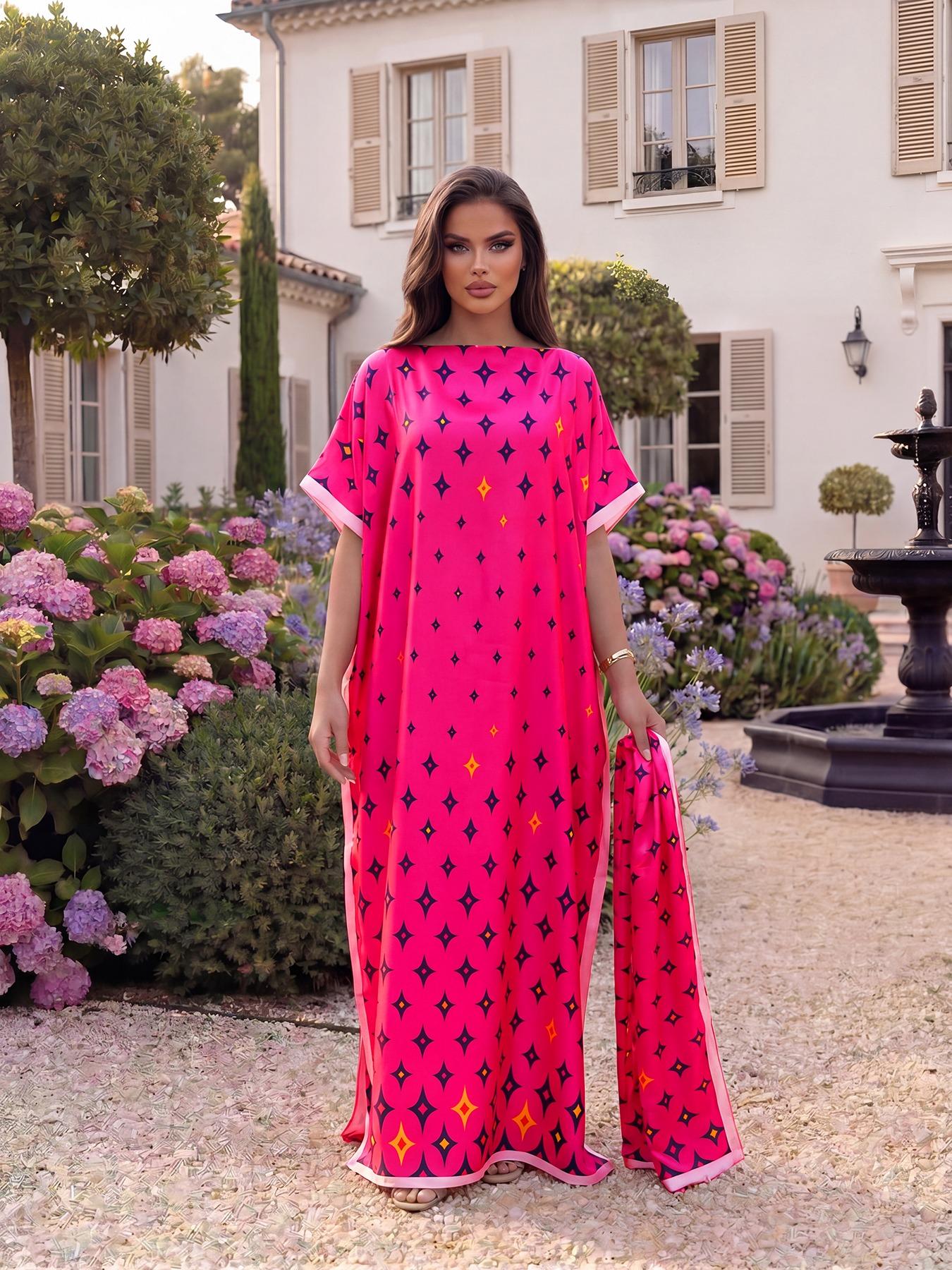 Elegant Geometric Print Shawl Set, Fitted Long Robe with Headscarf, Sun Protection Silk Scarf, Beachwear for Women, All Seasons, Swimsuit Coverup, Beach Cover Ups, Swimwear Cover Up
