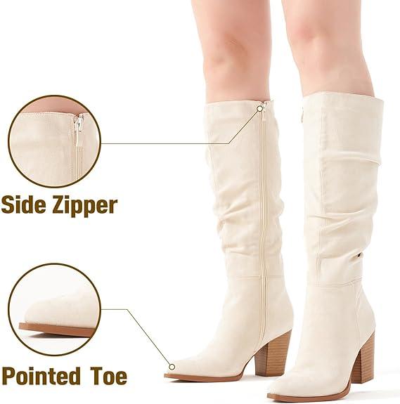 Women's Pointed Toe Knee High Boots Faux Suede Slouch Boots with Chunky Heel