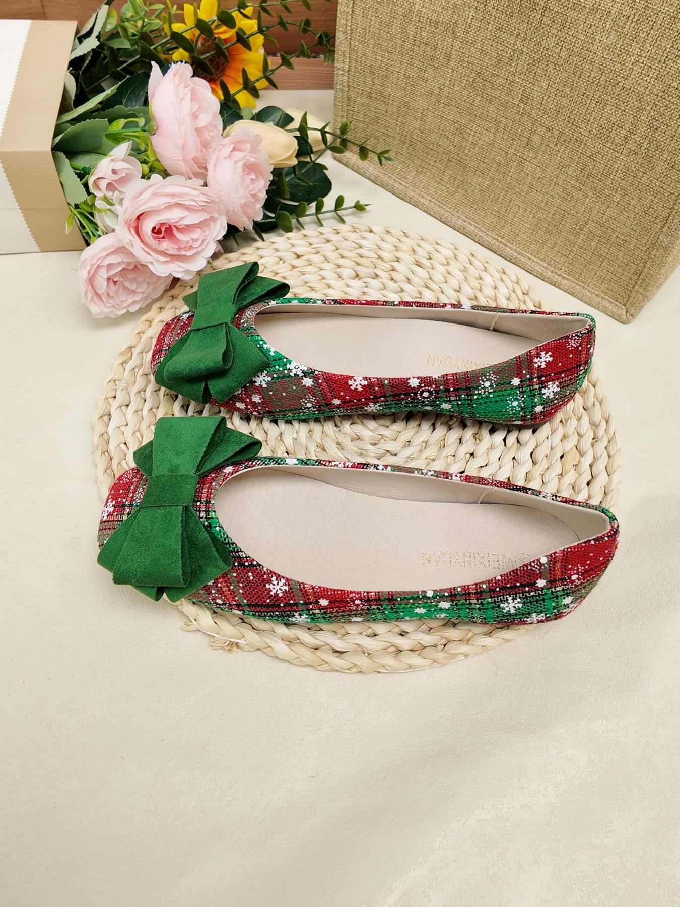 Christmas Limited Edition Plaid Bow Flat Shoes, Soft Sole Anti-Slip Versatile, Holiday Atmosphere, Daily Commute Women's Shoes