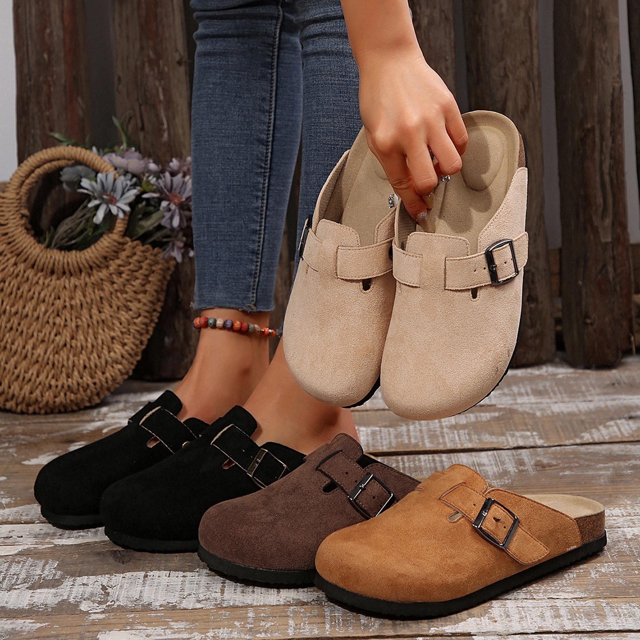 Suede Clogs for Women and Men - Adjustable Buckle Slip-on Cork Footbed Mules with Antislip Sole - Unisex Slippers Brown Springfresh Cork Platform Shoes Summer Vibes