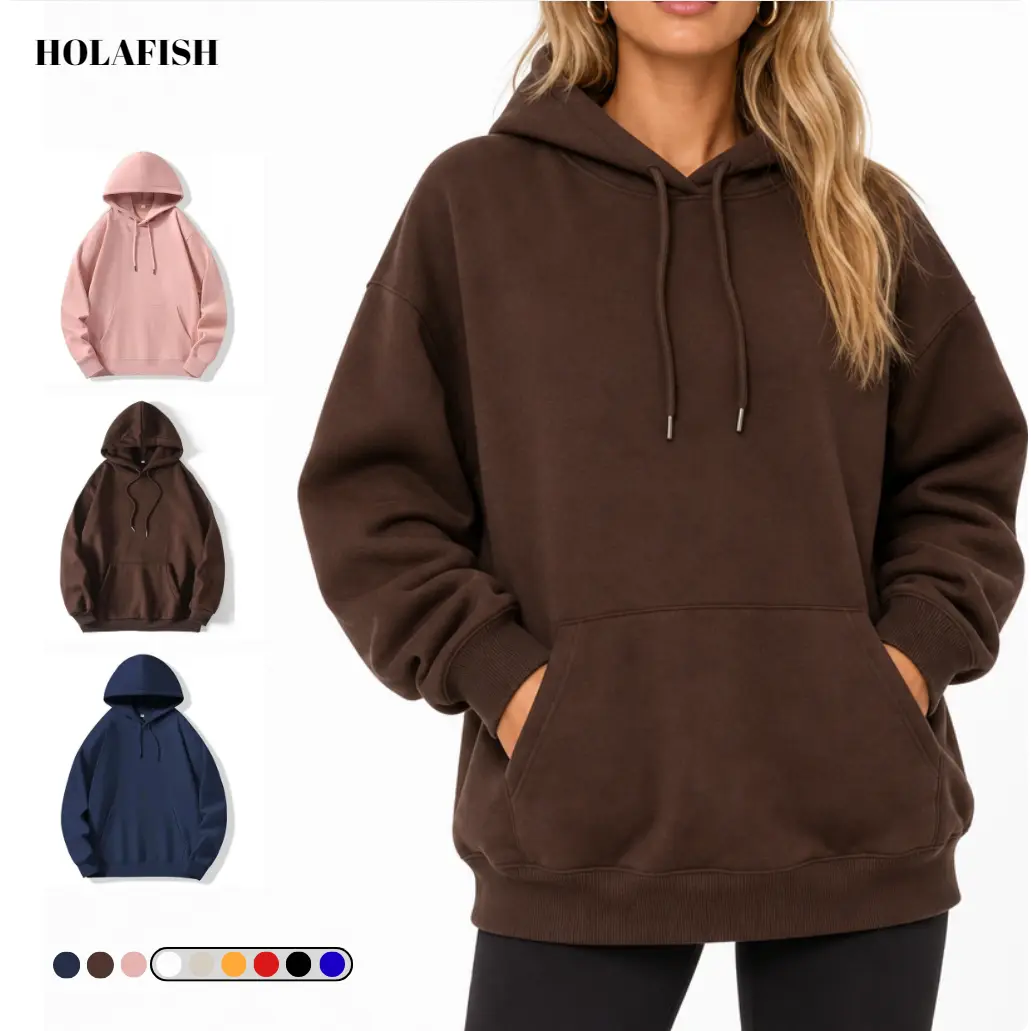 Holafish Unisex Hoodies Thin Fabric Cute Long Sleeve Tops Loose Pullover Shirts with Pocket Casual Korean Minimalist Style Winter Medium Length Cozy Fabric coffee throw hoodie