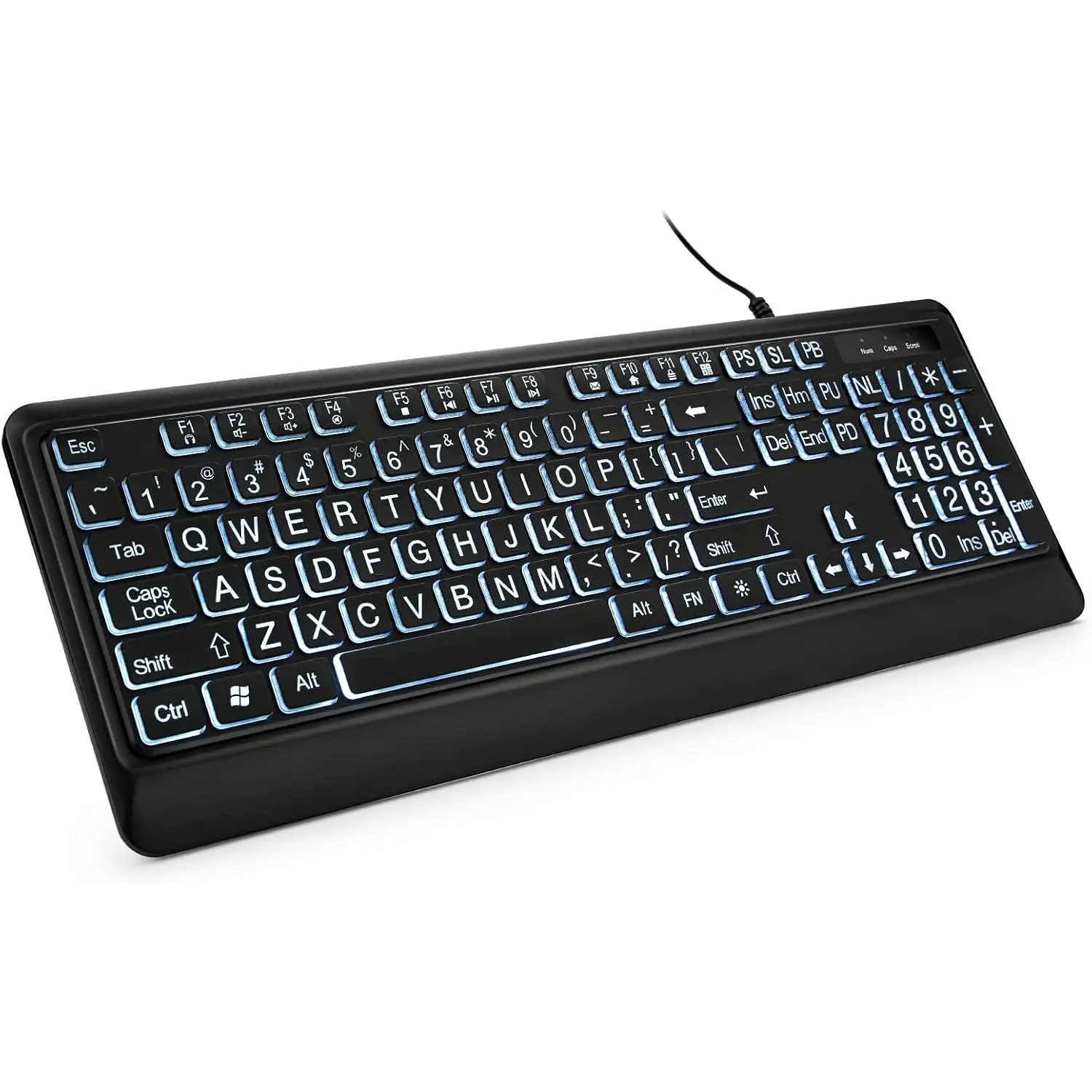 Large Print Backlit Keyboard, USB Wired  Keyboard, Full Size Keyboard with White Illuminated LED Compatible for Windows Desktop, Laptop, PC, Gaming, Black