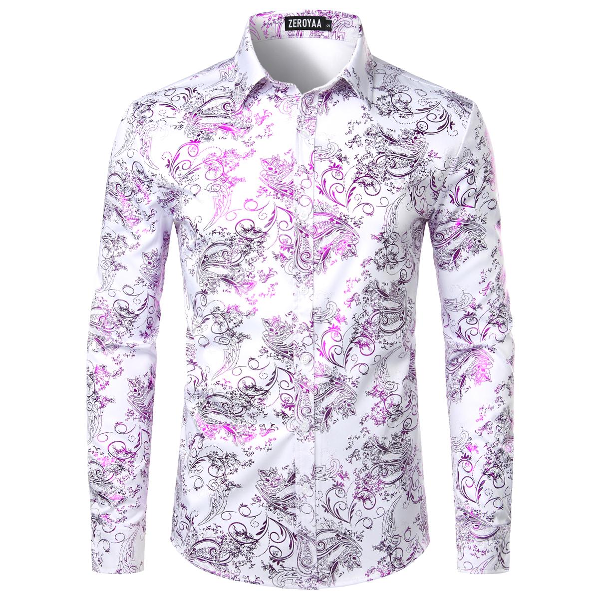 ZEROYAA Men's Luxury Paisley Dress Shirt Shiny Floral Printed Button Down Shirts for Party Prom Casual Elegant Father's Day Gift for Boyfriend Dad Gifts Black People Menswear Fabric Long Sleeve Top Vneck
