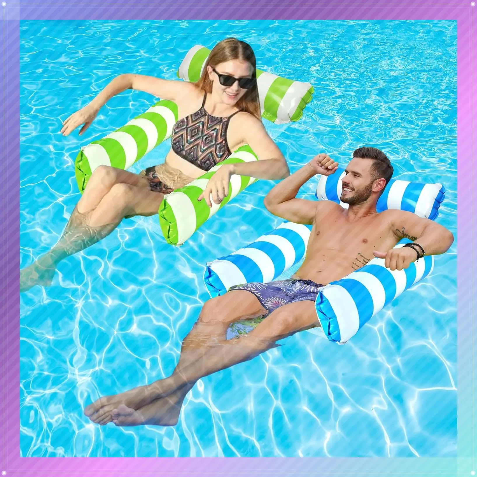 2 Pack Inflatable Pool Floats for Adults, 4-in-1 Hammock Pool Lounges with Headrest & Footrest, Portable Foldable Water Hammock Floating Chair Bed, High-Toughness PVC for Travel, Pool, Beach, LakeGift
