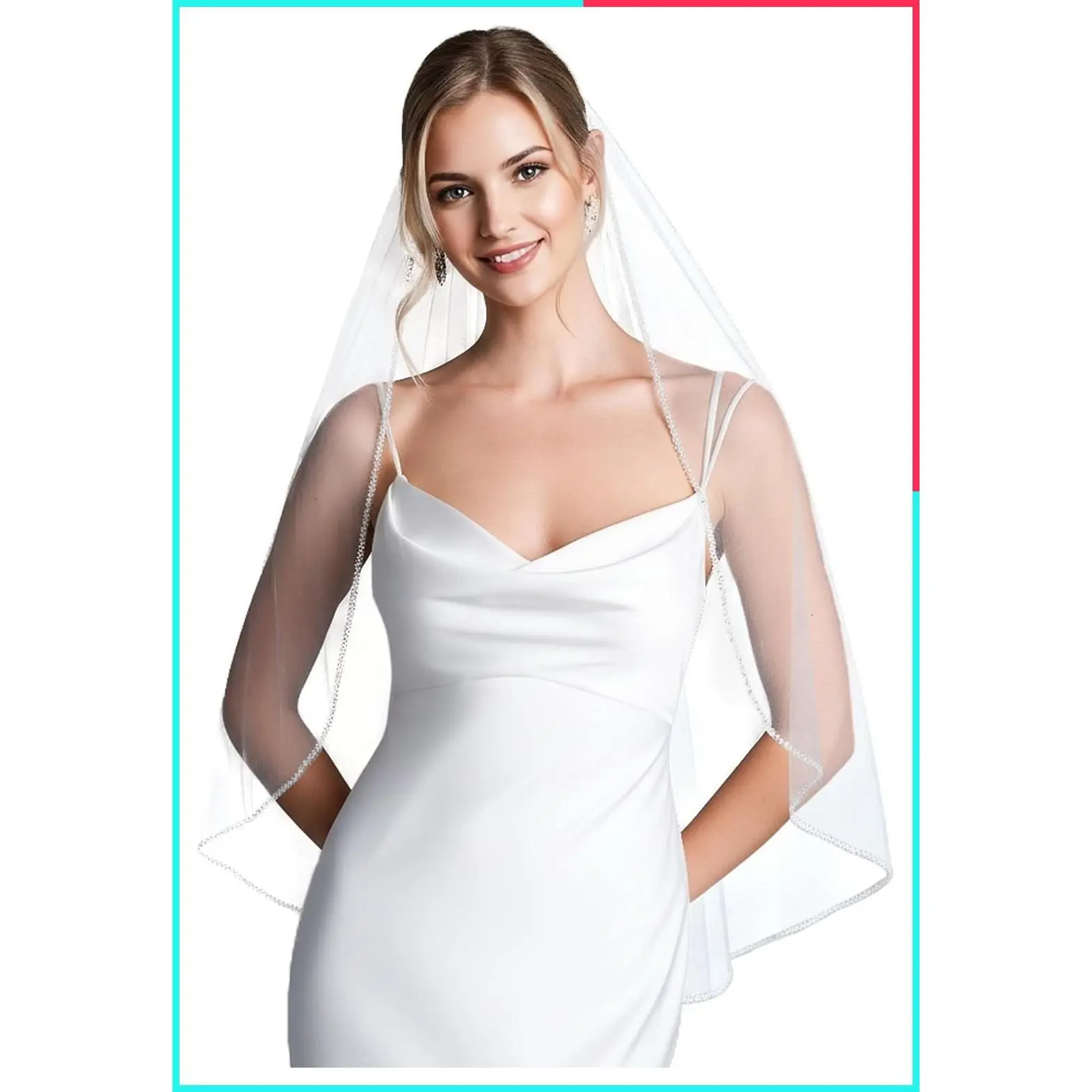 Sparkly 1 Tier Bridal Veil with Crystal Beaded Edge - Wedding Veil for Bride in Elbow, Fingertip, or Cathedral Length
