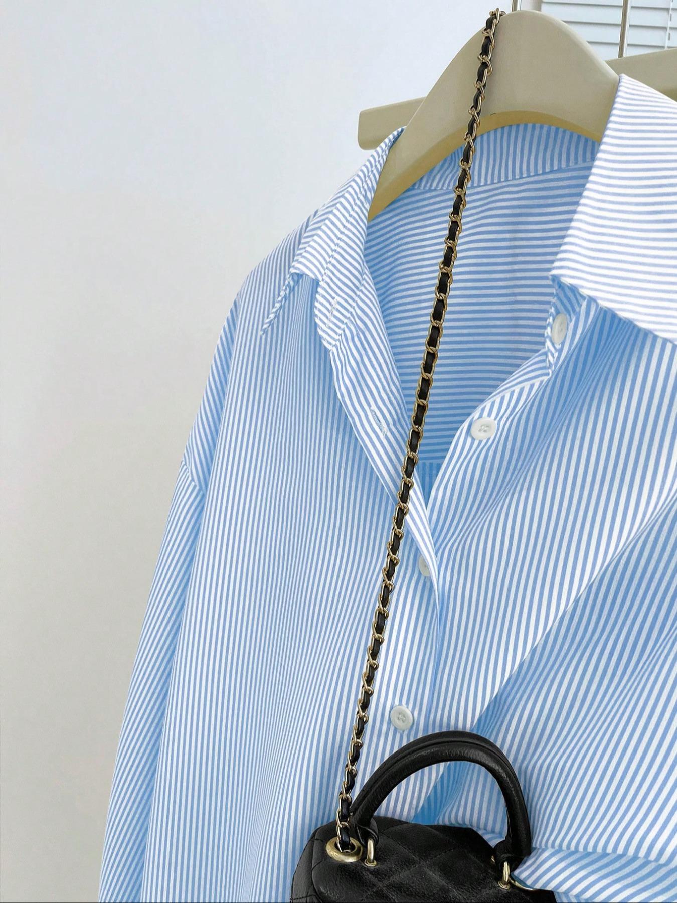 Elegant Women's Blue Striped Shirt, Loose Fit Casual Fashion Top, Versatile Daily Wear for Work & Leisure, Stylish Ladies' Clothing