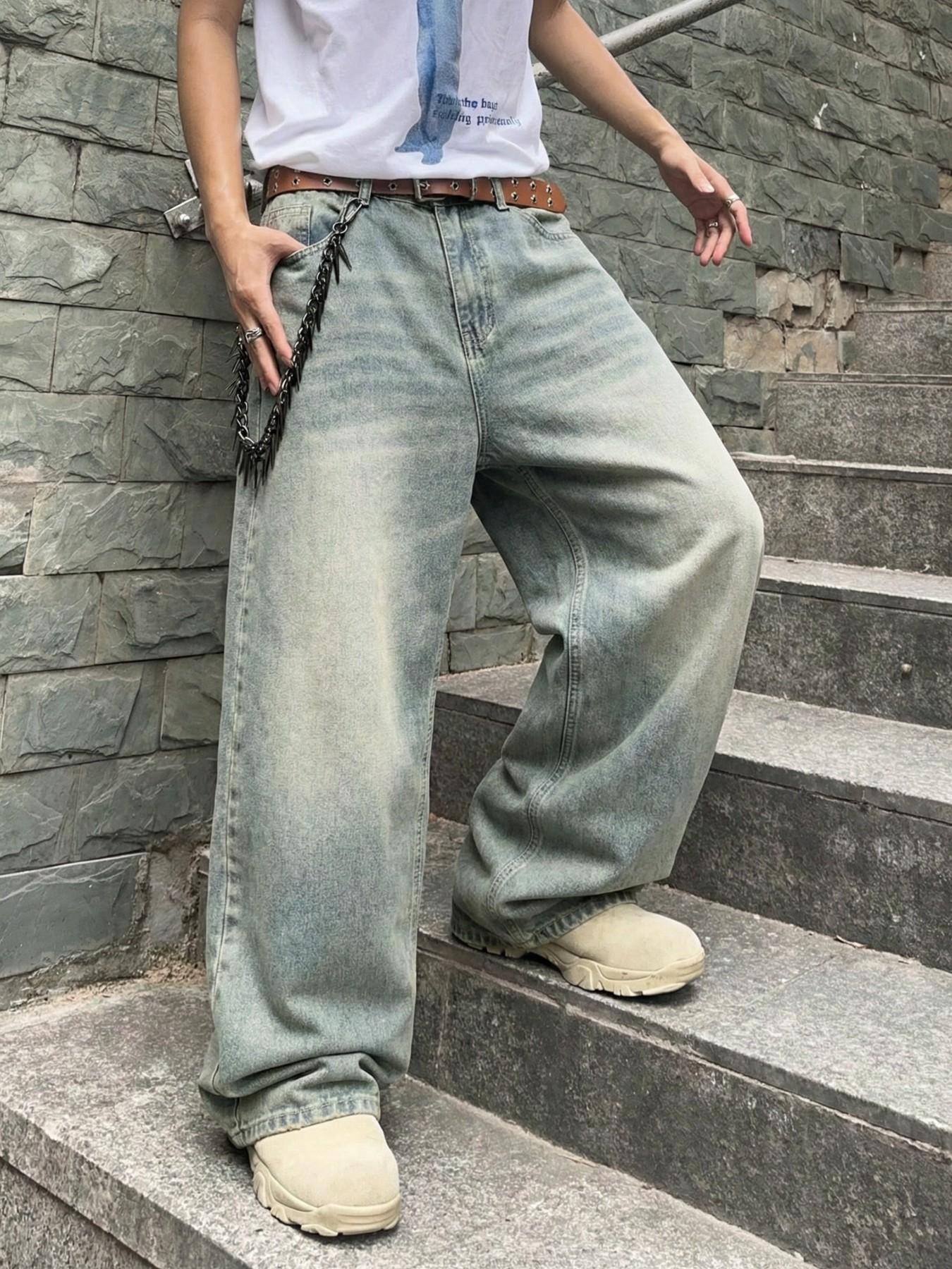 Men's Vintage Washed Loose Fit Wide Leg Jeans Pants, Menswear Long Y2K Street Style Denim Jeans, Perfect Gift for Boyfriend & Husband
