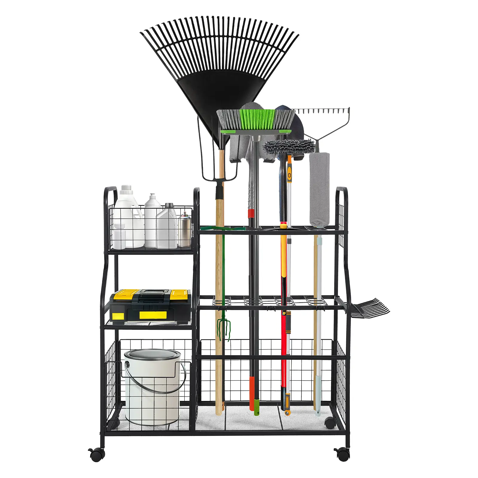 Garvee Rolling Garden Tool Organizer Cart - Heavy-Duty Freestanding Garage/Yard Storage Rack, 3 Shelves with Hooks & Baskets, for Long-Handled Rakes/Shovels