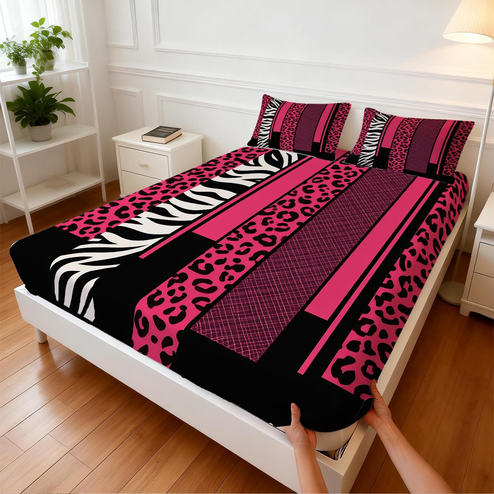 3Pcs Sweet Cool Leopard Zebra Print Fitted Sheet Set, Color Block Patchwork Print, Durable Wrinkle Resistant No Pilling, Perfect for Graduation Season Rental Room Personalized Bedroom Arrangement