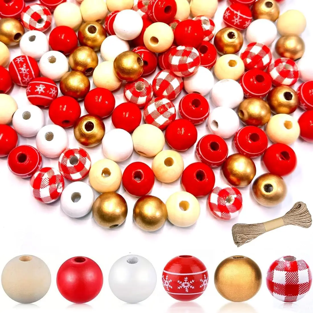 120 count 16mm Christmas Wooden Beads for Crafts, Large Hole Beads (6 Styles) | 4mm Large Hole · Snowflake & Buffalo  ·  Style · For Garlands, Ornaments, Tree Décor & DIY Christmas Crafts