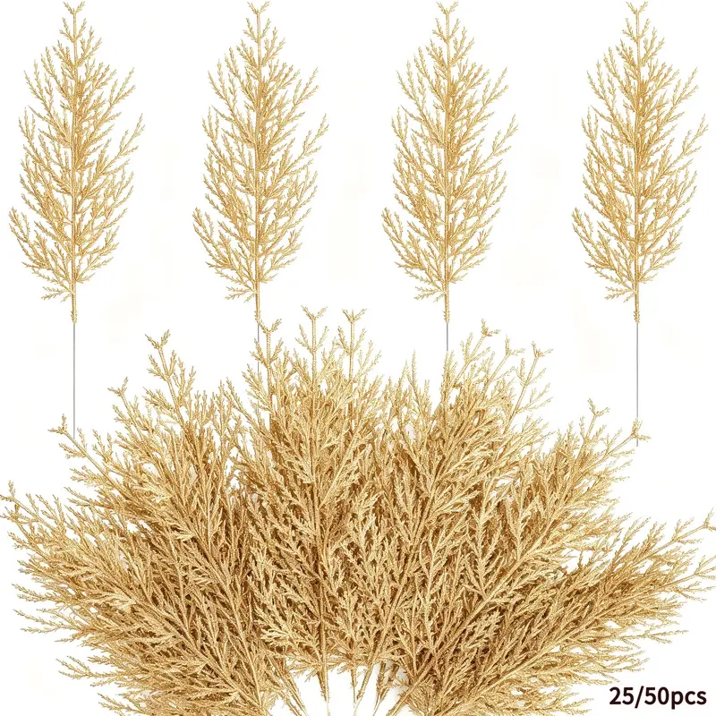 25/50pcs Christmas pine needles, gold artificial pine branches, false green plants, pine branches and twigs are used for Christmas hand-decorated garlands, branches and plant decorations, Tree Decorations