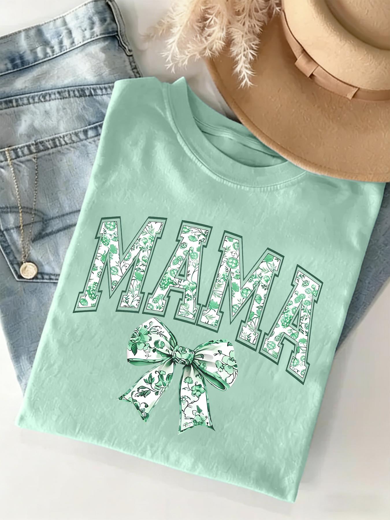 Mama Letter & Bow Print Round Neck Tee, Fashion Casual Crew Neck T-Shirt for Daily Holiday Vacation Outdoor Wear, Ladies Clothes for All Seasons, Top