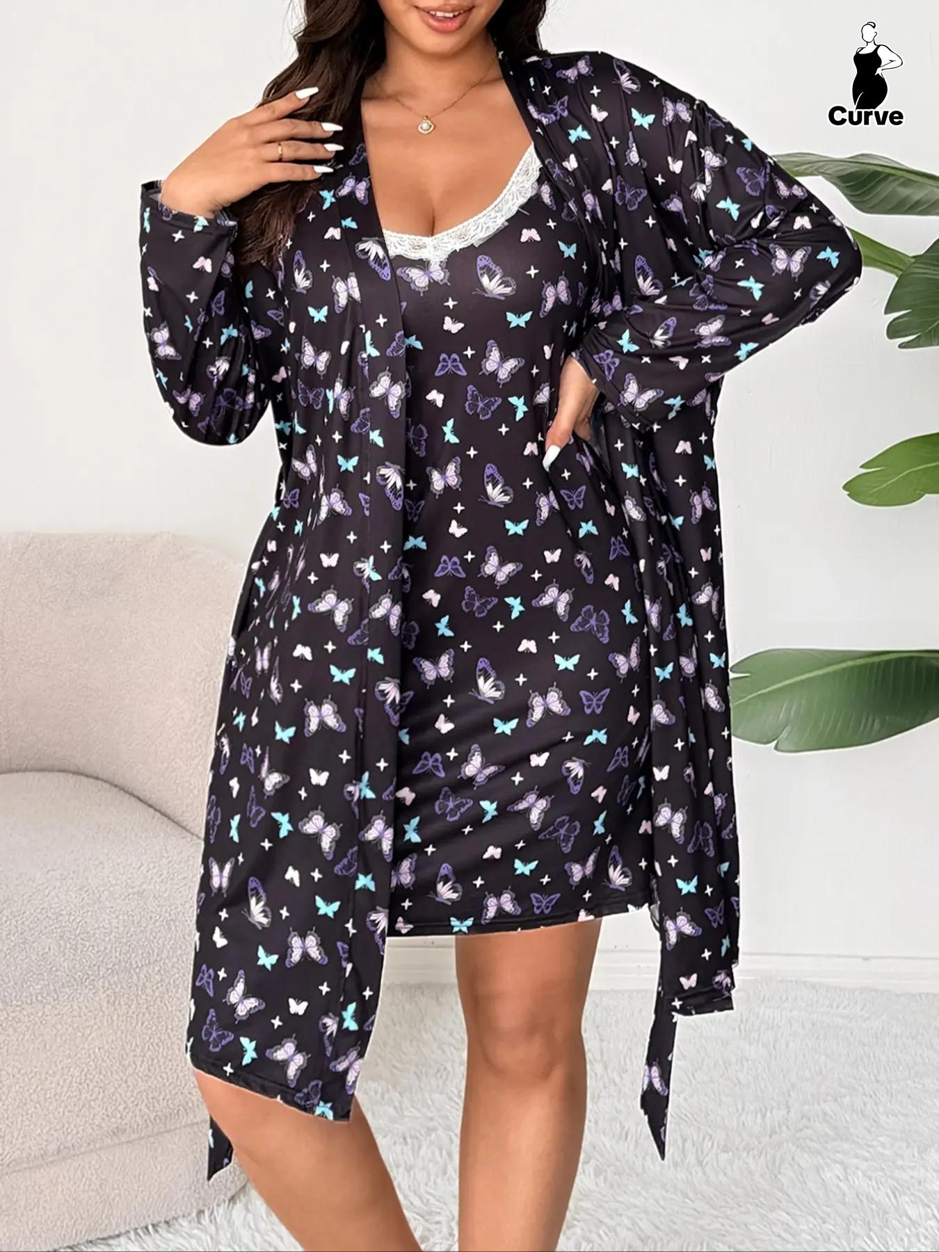 Plus Size Floral Butterfly Lace Slip Dress & Long Sleeve Robe Set, Casual Fitted Home Wear, All Seasons Comfortable Sleepwear