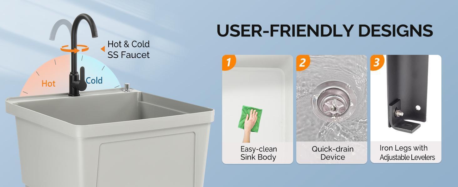Industrial Grey Rectangular Freestanding Bathroom Utility Sink Laundry Tub - Stainless Steel Faucet, Waterproof Durable, Fully Assembled Indoor Wash Basin, 23.6"W×23.6"D×36.2"H 36.2" Tall Reach, Ideal for Households, Manufacturer Warranty