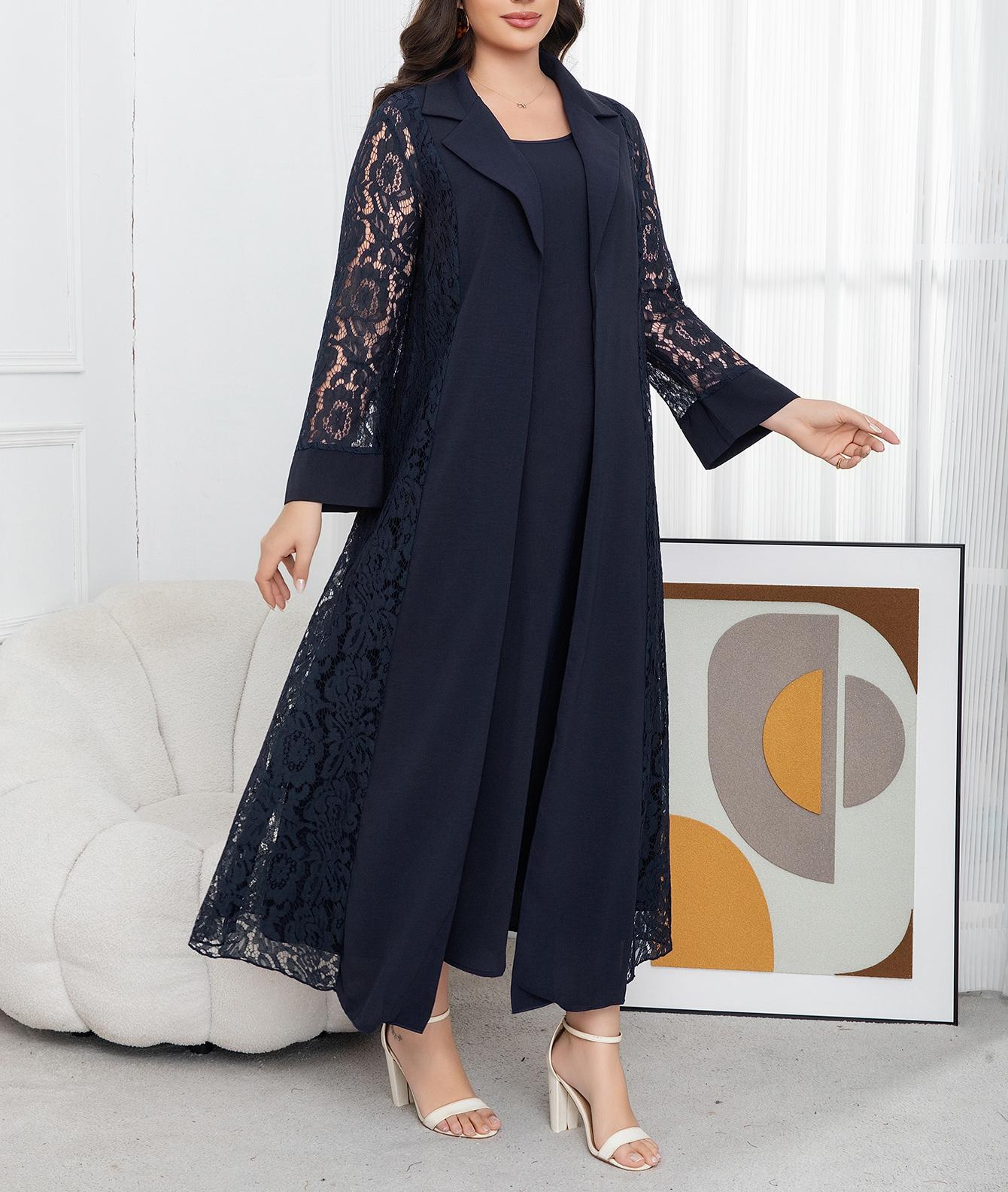 Plus Size Women's Navy Lace Two-Piece Set, Elegant Long Cardigan and Tank Dress, Slimming, Stylish and Chic, Perfect for Office and Dates