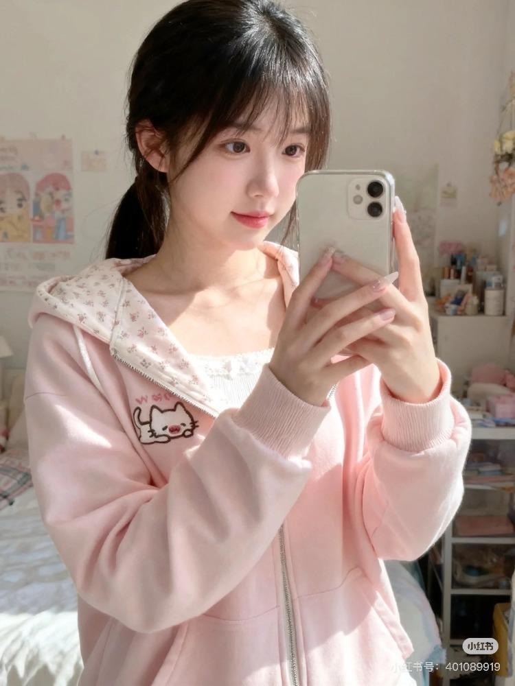 Japanese Pink Kawaii Cute Cartoon Embroidery Hoodie Women Y2k Aesthetic Patchwork Pocket Hoody Casual Grunge Zipper Sweatshirts