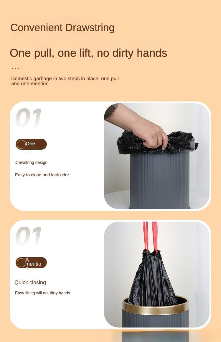 120 Drawstring Garbage Bags. Suitable for home use in the living room, kitchen, toilet, and courtyard. These are thickened and weighted, handheld large-sized garbage bags with an automatic drawstring closure. They are black plastic bags for household
