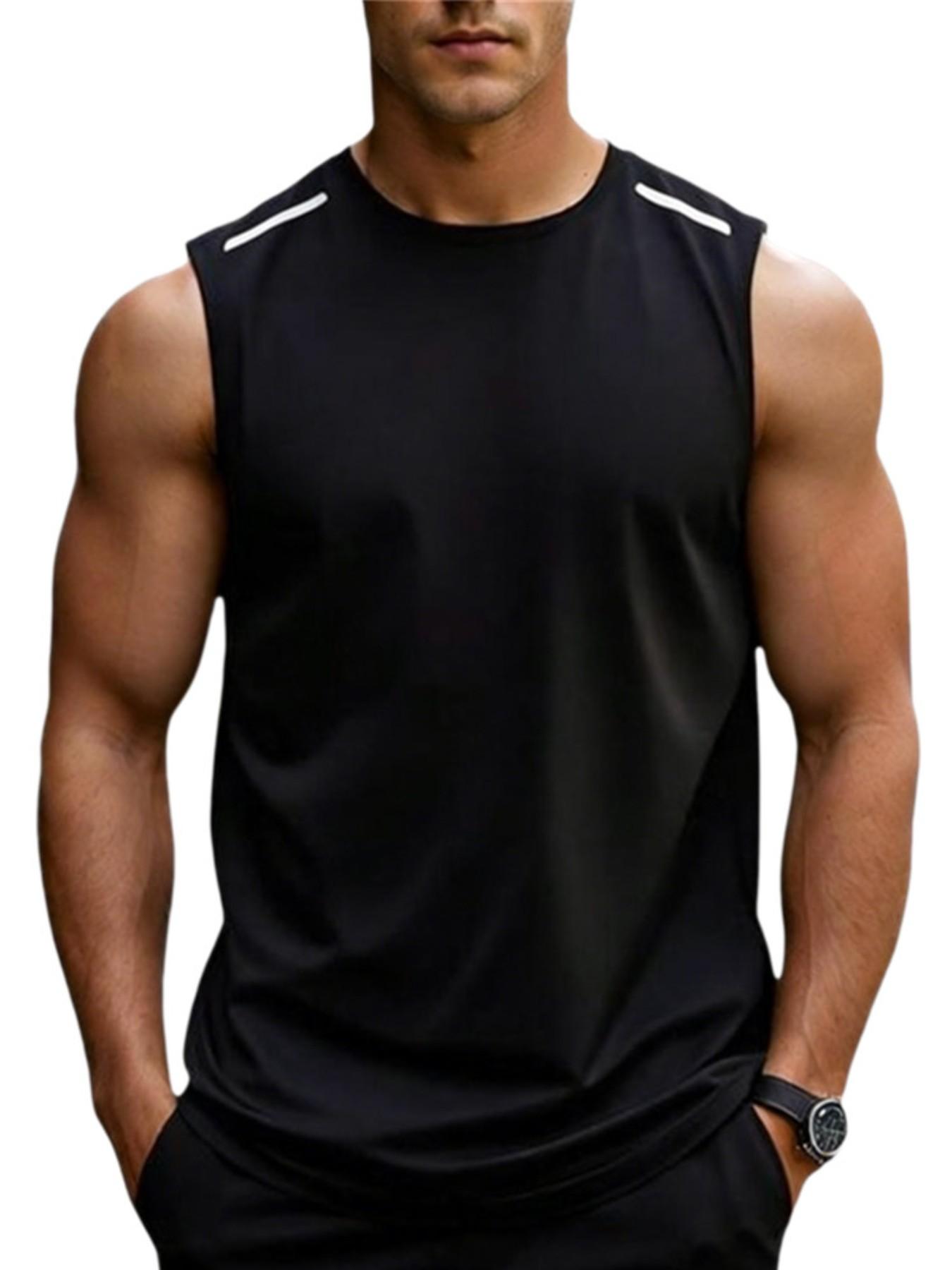 Men's Moisture-Wicking Sleeveless Training Vest, Reflective Detail Sportswear, Ideal for Running and Workouts, Casual Plain Style