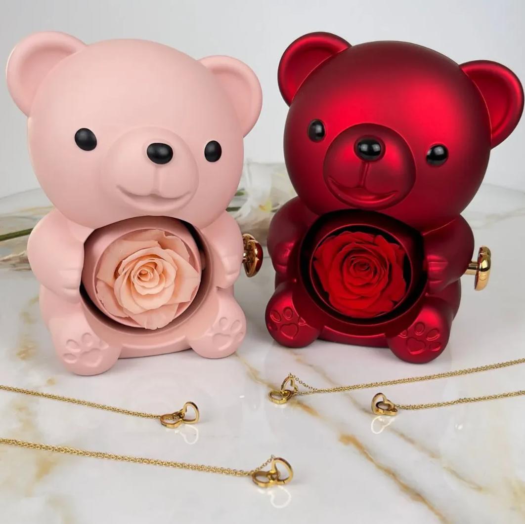 Delzzad Romantic Eternal Rose Cute Hug Bear Jewelry Box - Perfect Valentine's Day Christmas Gift for Her(Box Only)