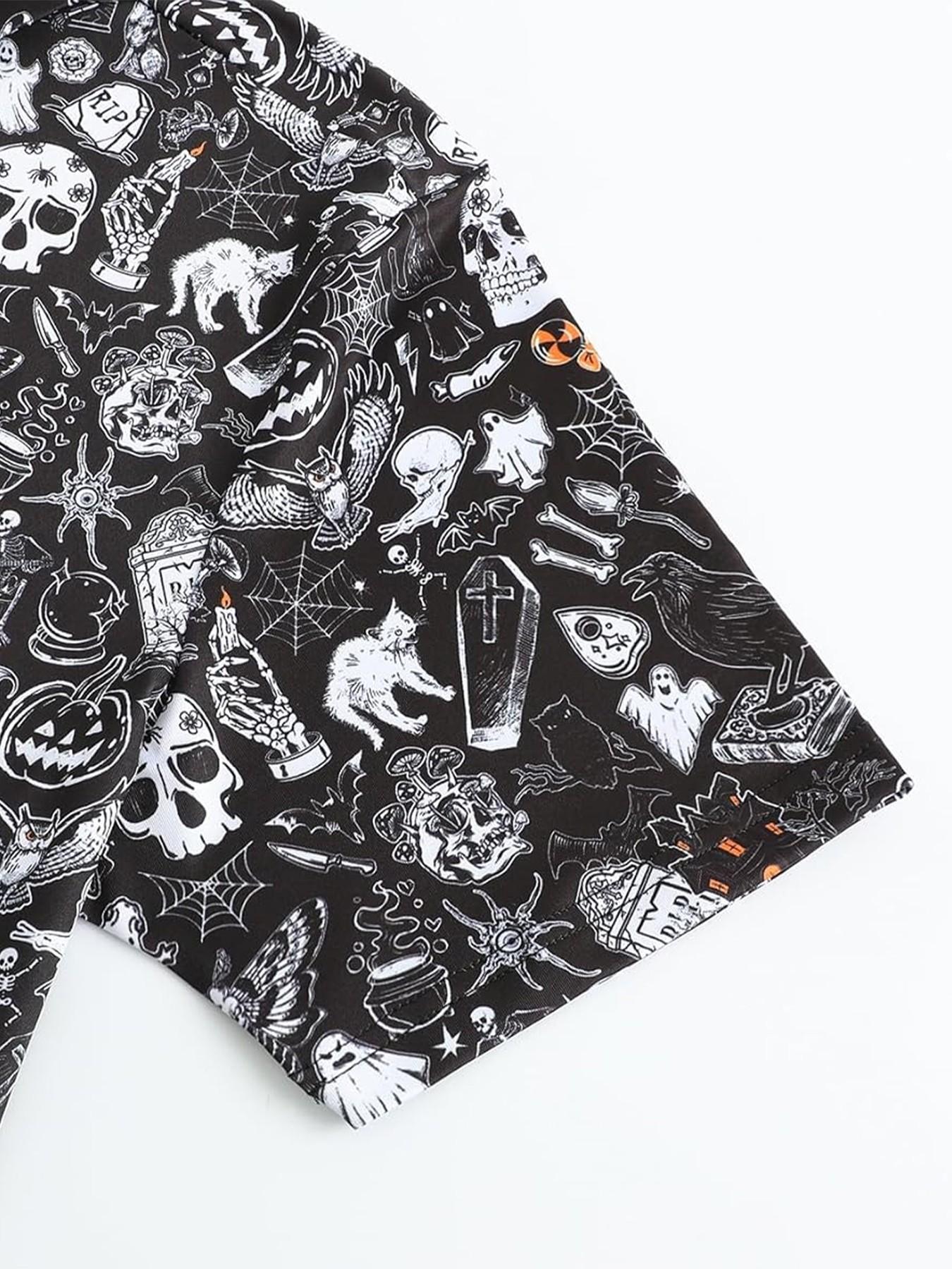 Men's Halloween Theme Polo Shirt, Hand-Drawn Skull Ghost Tombstone Pattern, Short Sleeve, Breathable, Festive Casual Golf Top,Unisex (Recommended ordering one size up),polo shirt for men,deals of the day，halloween costumes for men，halloween costumes