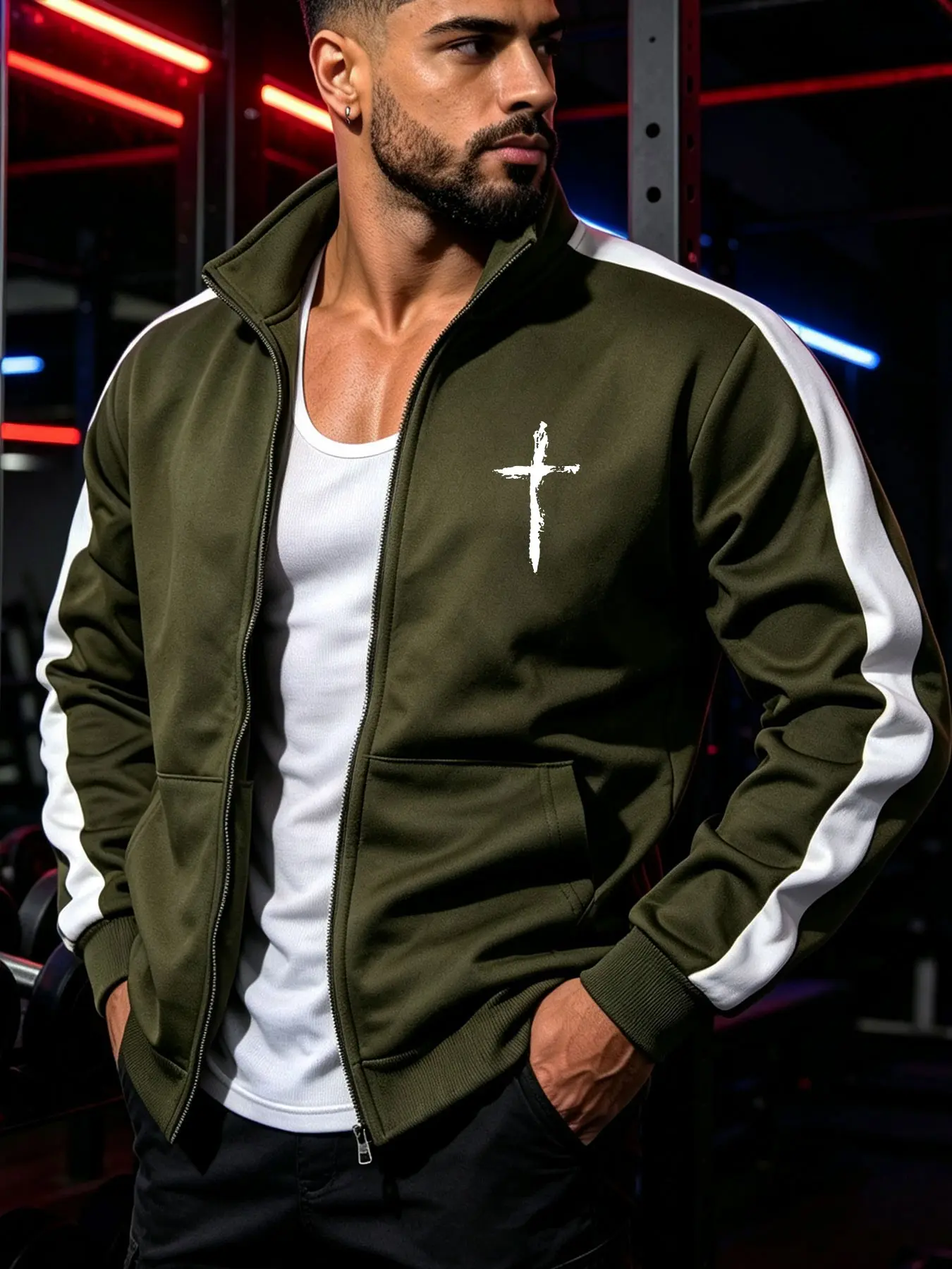 Men's Cross Print Stand Collar Spring Fall Jacket, Side Stripe Design Kangaroo Pocket, Daily Casual Sport Outerwear