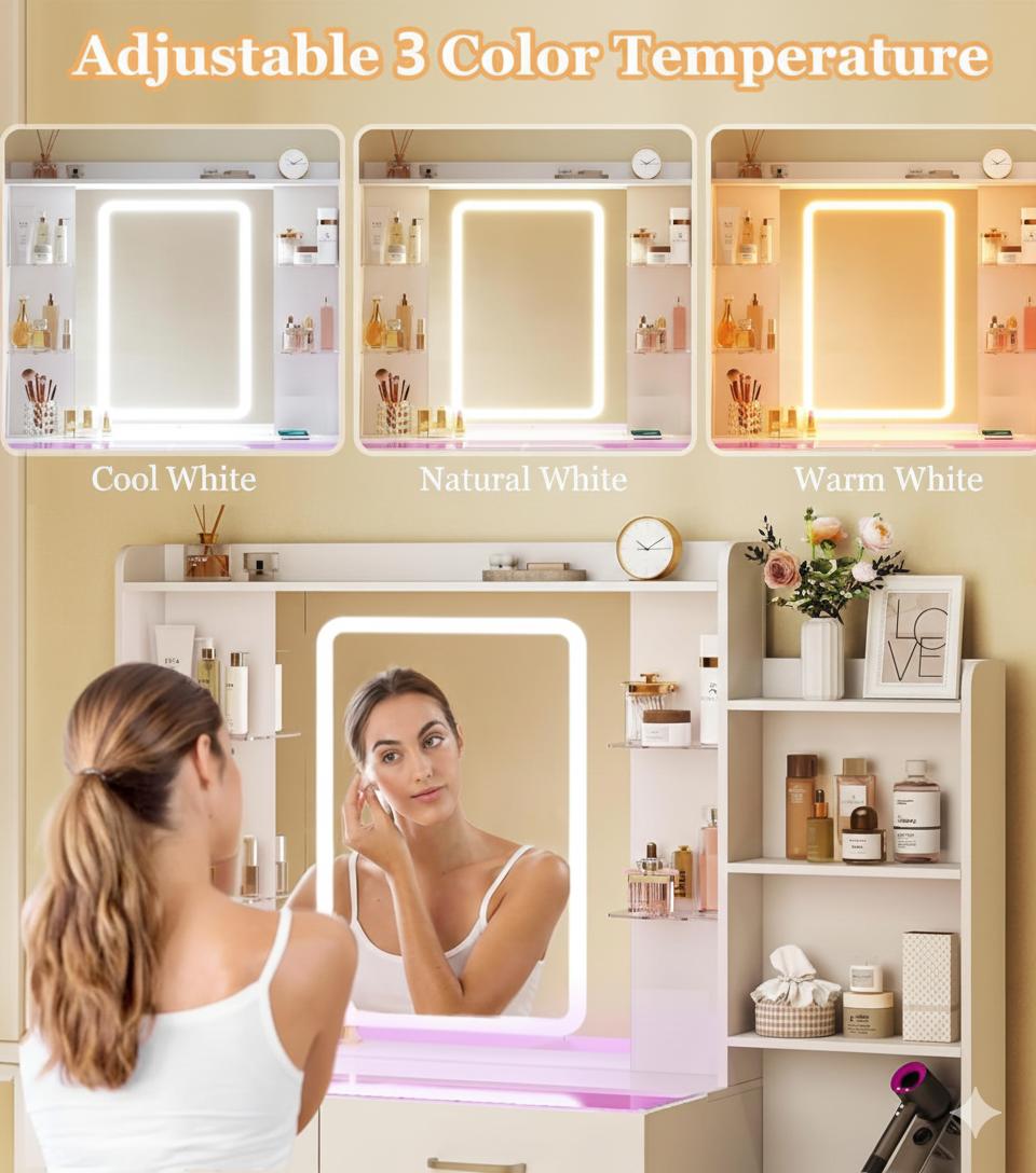 Vanity Desk with Mirror and LED Lights, 57.5" Makeup Vanity with Glass Top , Vanity with RGB Drawers, 3 Colors Light, Power Outlet Safety Switch for Bedroom, White