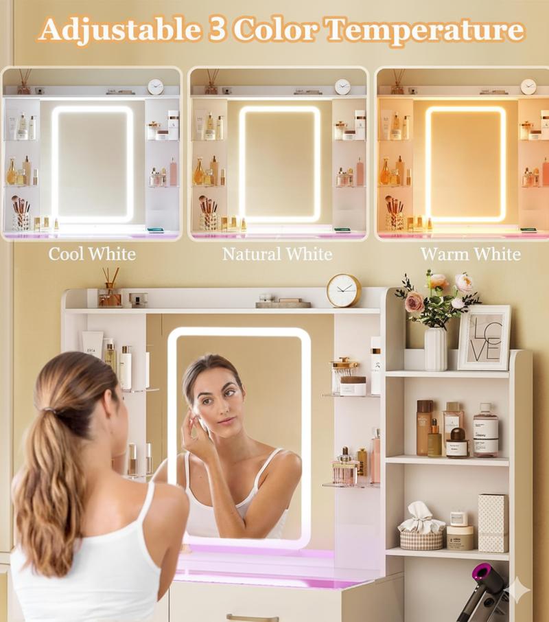 Vanity Desk with Mirror and LED Lights, 57.5" Makeup Vanity with Glass Top , Vanity with RGB Drawers, 3 Colors Light, Power Outlet Safety Switch for Bedroom, White