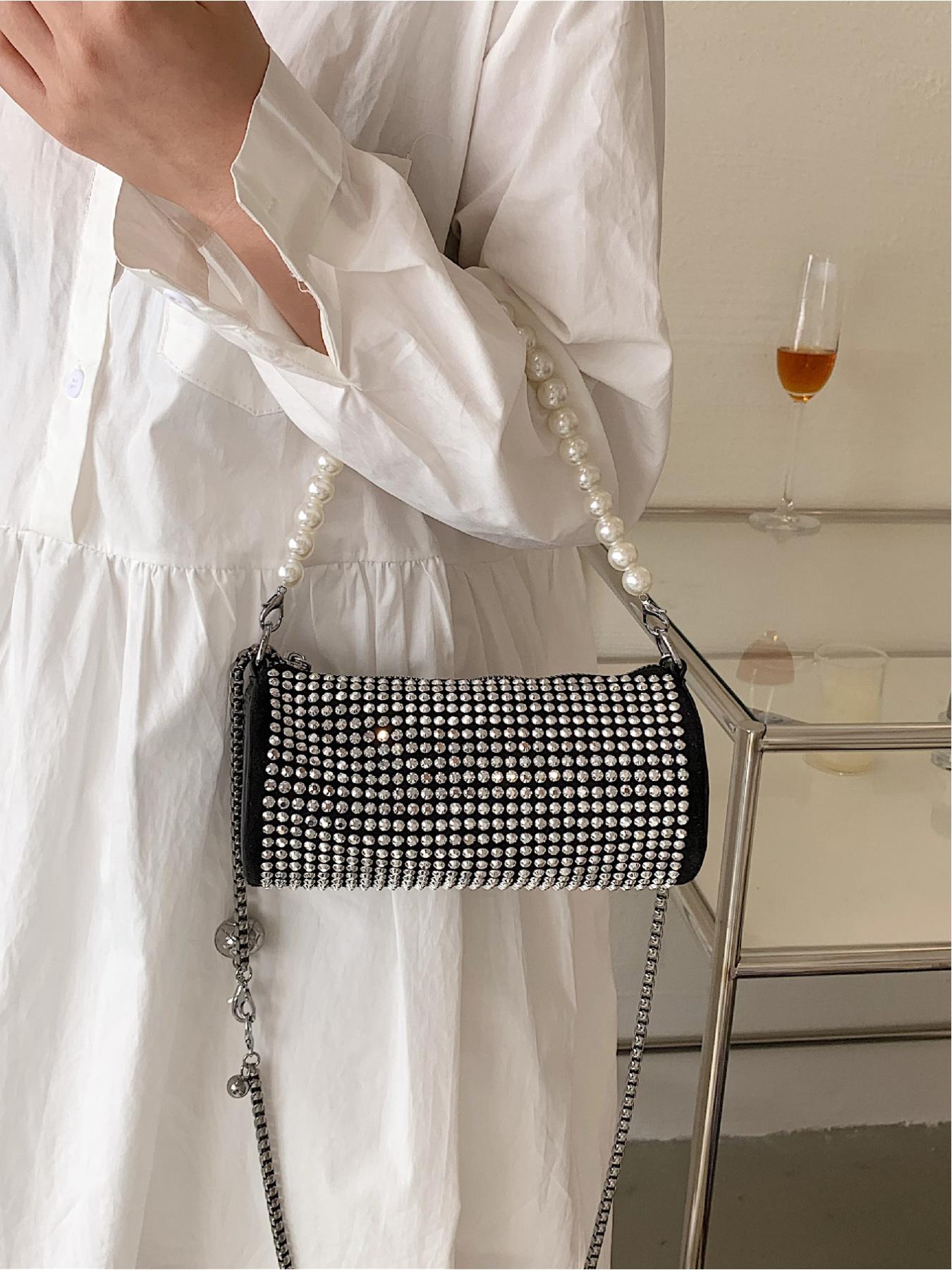 Elegant Rhinestone Design Handbag, Versatile Round Tube Bag, Simple Lady Shoulder Crossbody Bag, Stylish and Practical Accessory