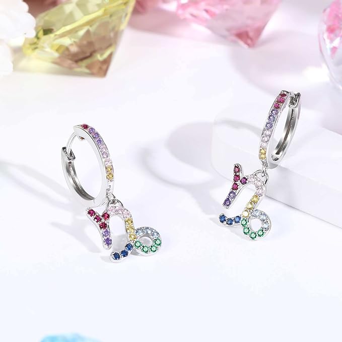 Presentski Zodiac Sign Earrings with Colourful Cubic Zirconia - QWomen's Girls' Hoop Earrings 925 Sterling Silver Small Horoscope Pendant Hanging Hoops Earrings 12 Constellation Astrology Jewellery Gift, Sterling Silver