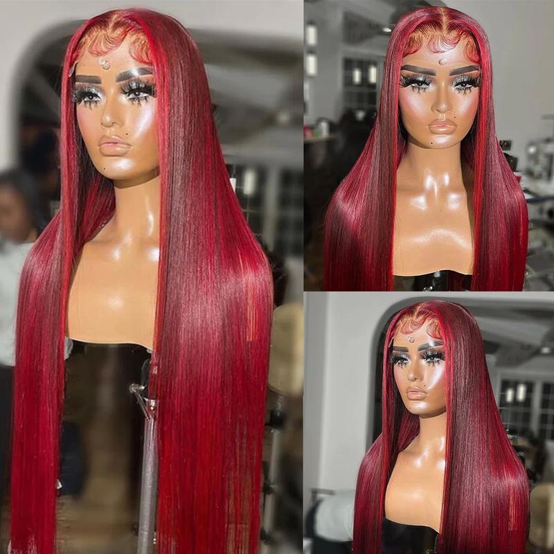 Red Highlight Balayage Color Straight 200% Density Lace Frontal Human Hair Wigs Burgundy and Red Highlight 13X6 HD Transparent Lace Pre Plucked Natural Hairline For Woman Ombre Human Hair Wigs