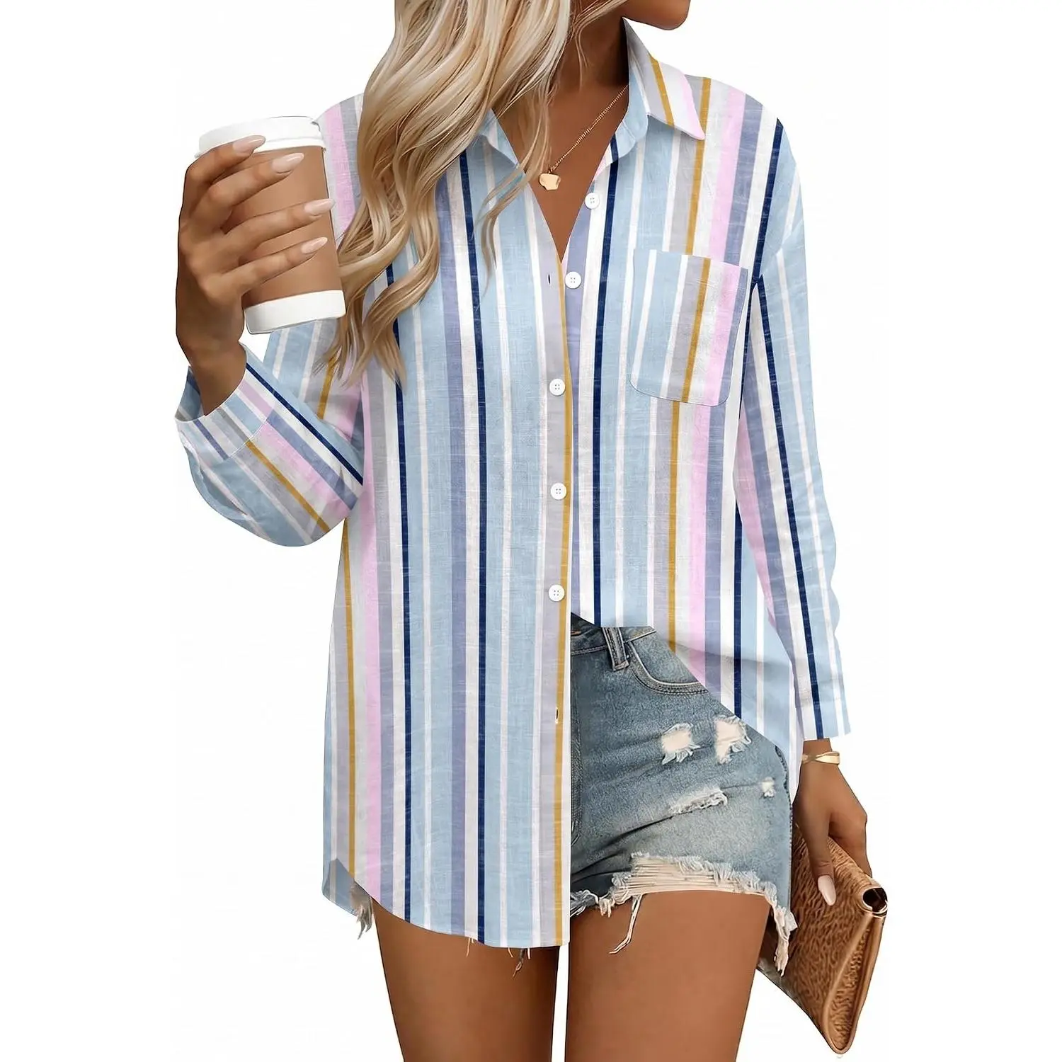 Women's Linen Cotton Button Down Shirt Long Sleeve Casual Collared Loose Fit Gauze Top with Pocket(Gift)