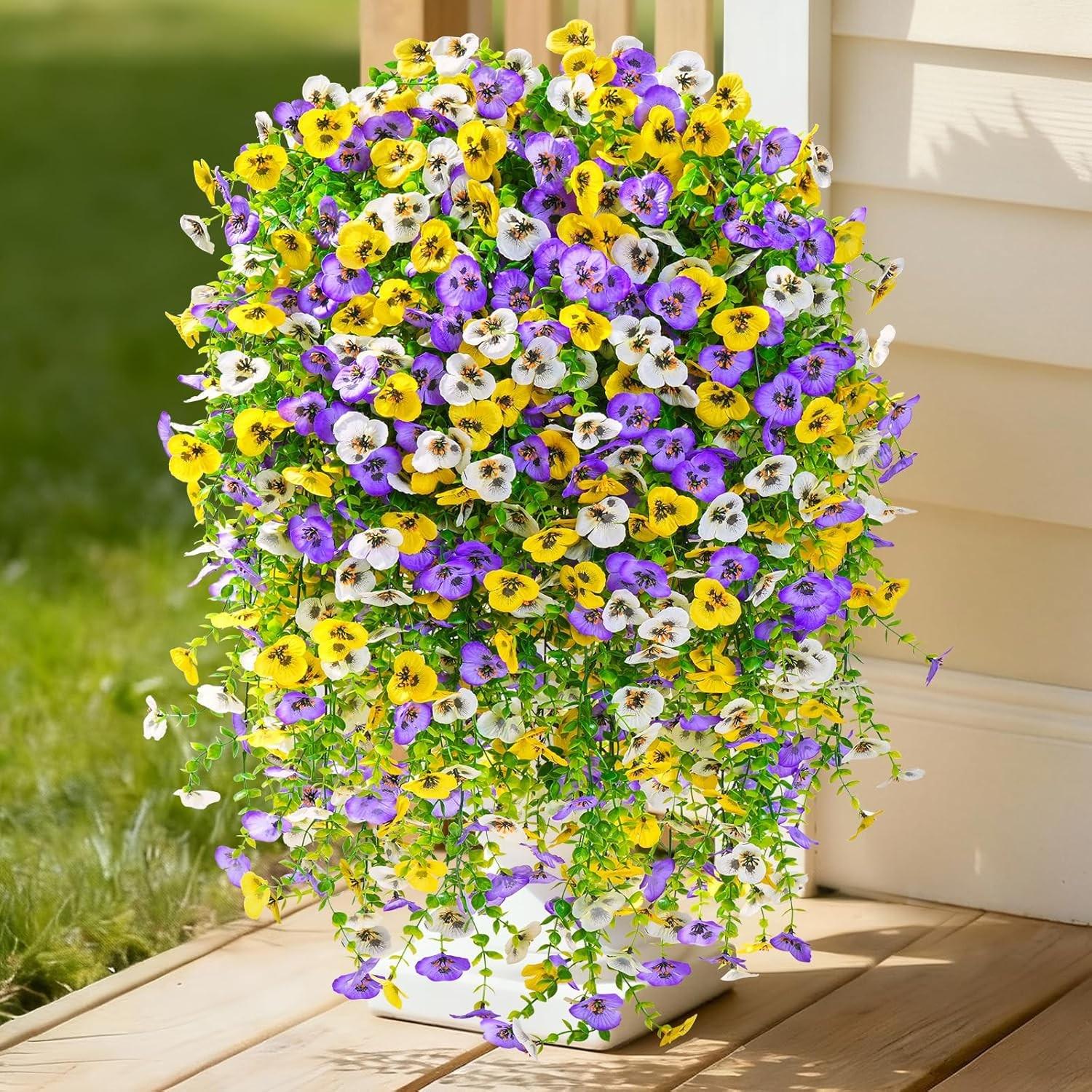 Artificial Fake Hanging Flowers for Outdoors Planters,6PCS Artificial Flower Set UV Resistant Faux Pansy Spring Flowers for Outside Porch Patio Garden Window Box Flower Arrangements (Mixed Colors) #GLOBAL PICKS