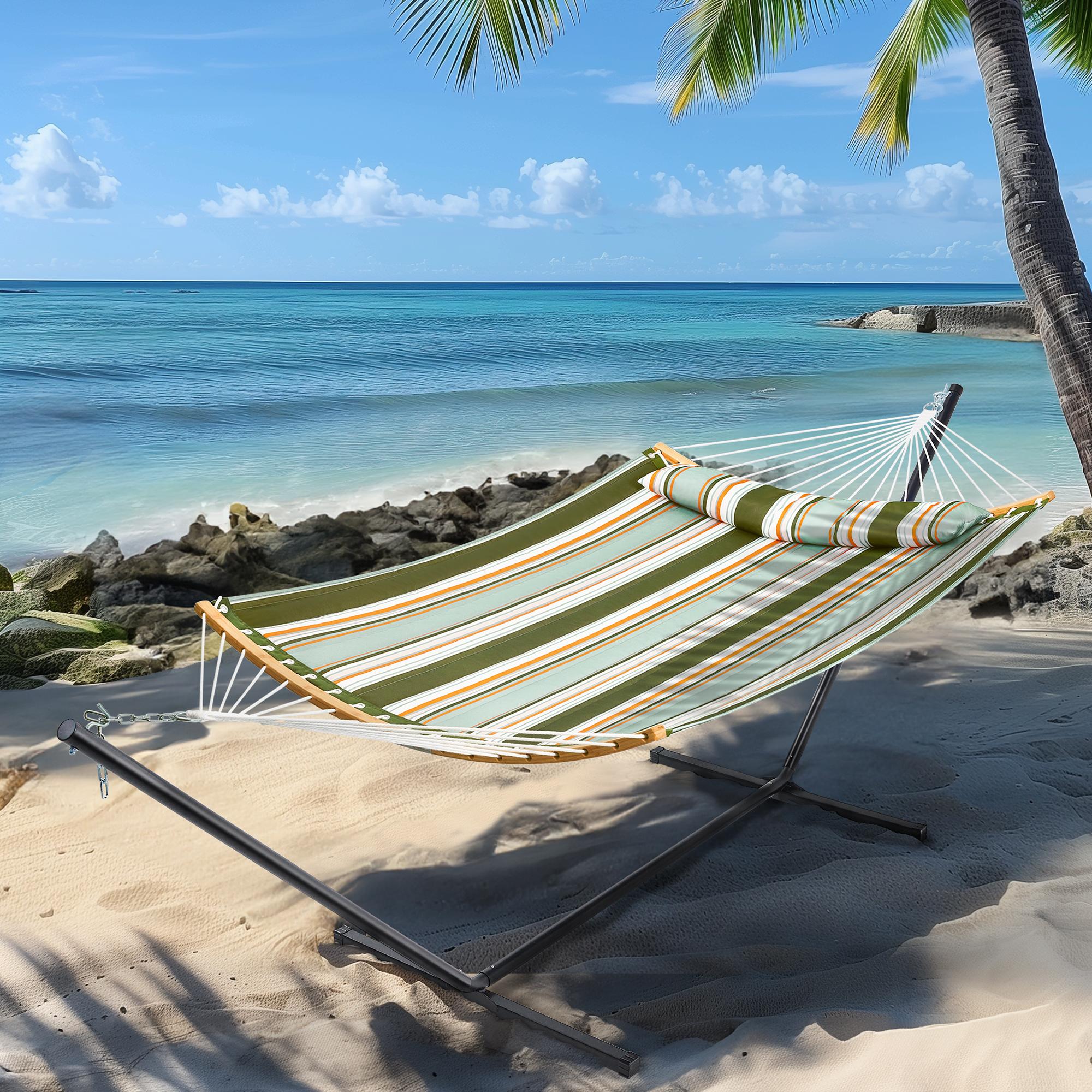 SUPERJARE Hammock with Stand, 2 Person Heavy Duty Hammock with Padded Cotton, Detachable Pillow & Strong Curved-Bar & Portable Carrying Bag, Perfect for Outdoor & Indoor