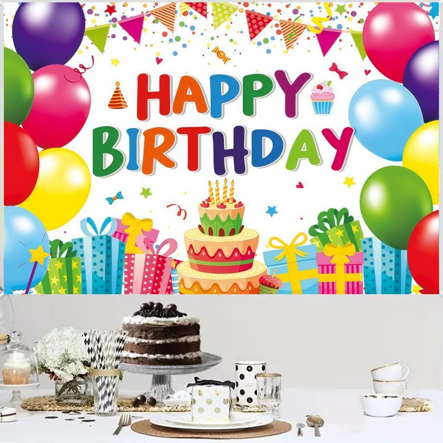 Colorful Birthday Party Backdrop Banner, Polyester Material, Balloon and Cake Elements, Home Decor, Indoor and Outdoor Parties, Photography Background