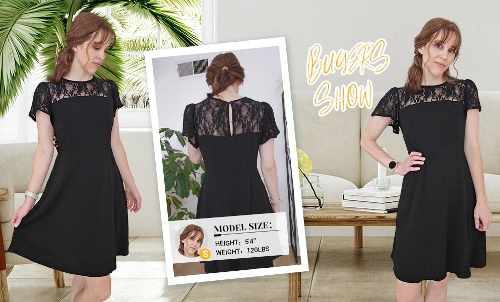 Holipick Women's Cocktail Dresses Wedding Guest Party Crew Neck Short A Line Dress with Lace Sleeves