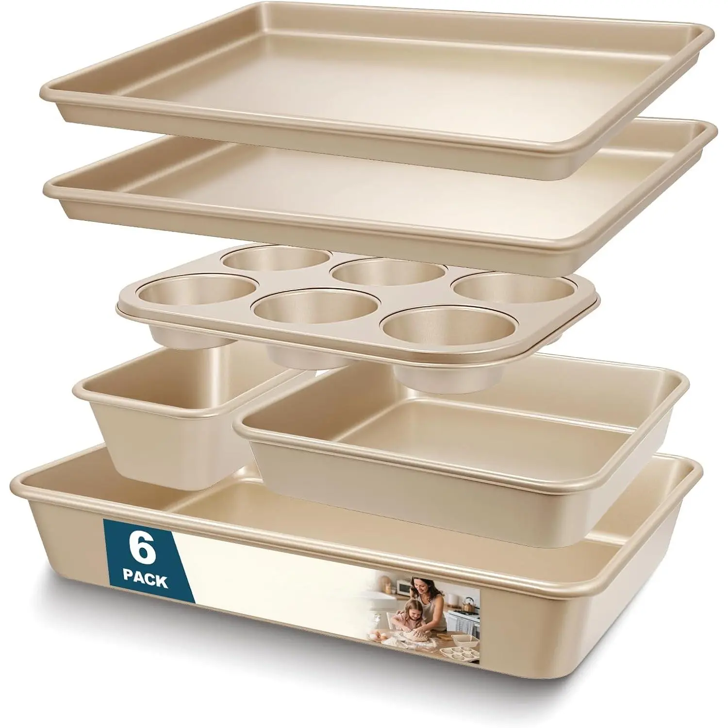 Baking Pans Set, Nonstick Stackable Bakeware Sets, Oven Pans for Cooking, AIVIKI 6 Pieces Baking Sheets Set Including Cookie Sheet, Deep Roaster Pan, Square Pan, Loaf Pan, Muffin Pan, Carbon Steel