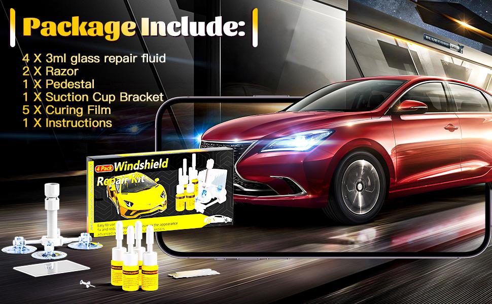 Windshield Crack Repair Kit, Windshield Repair Kit for Chips and Cracks, 4 Pcs Car Glass Repair Kit, Cracks Gone Glass Repair Kit Automotive Quick Fix for Chips, Cracks, Bullseyes (Yellow)