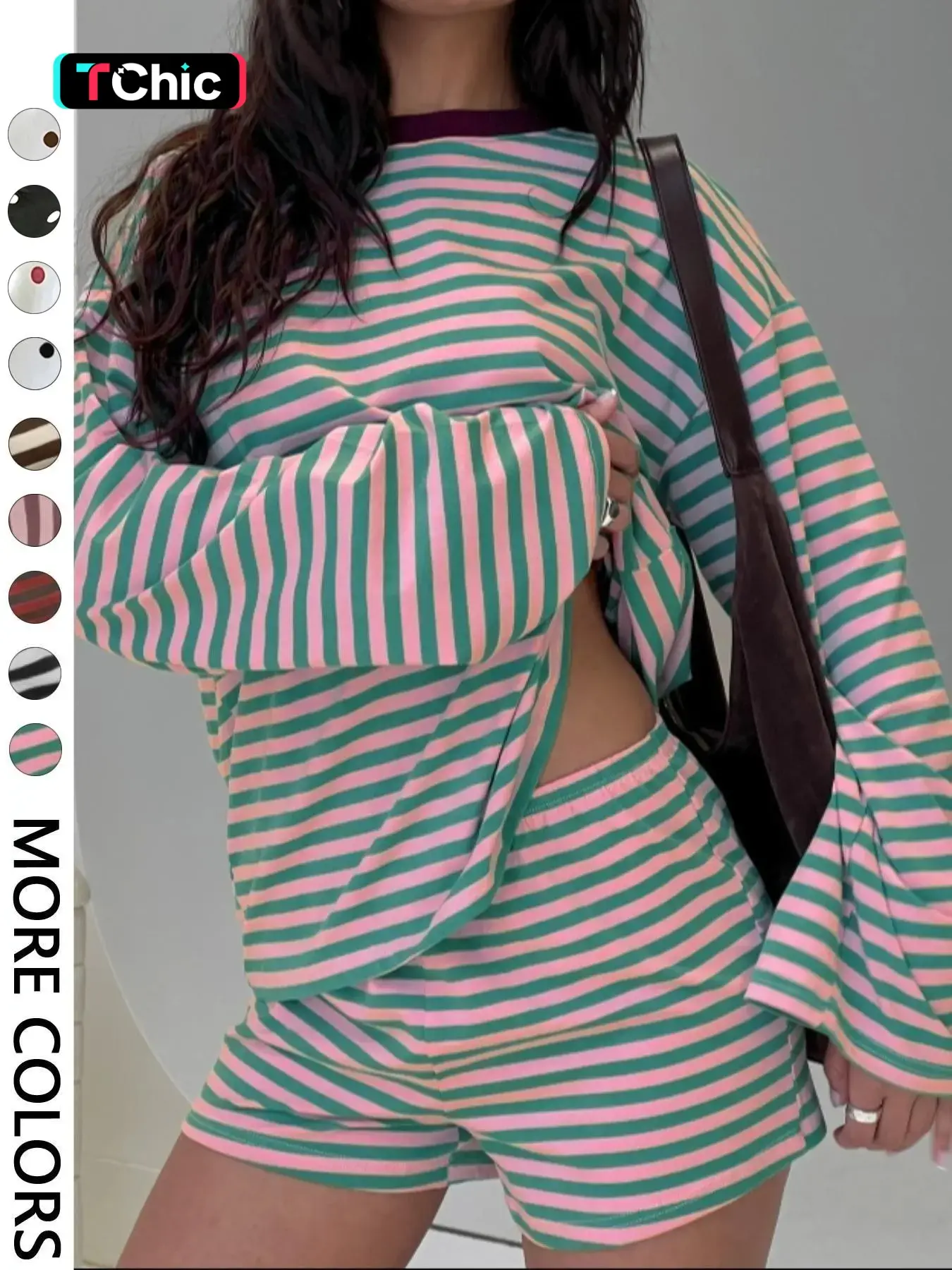 Valentine's Day Women's Casual Striped Long Sleeve Top & Shorts Set, Loose Fit, All Season, Comfortable Travel Clothing for Daily Wear
