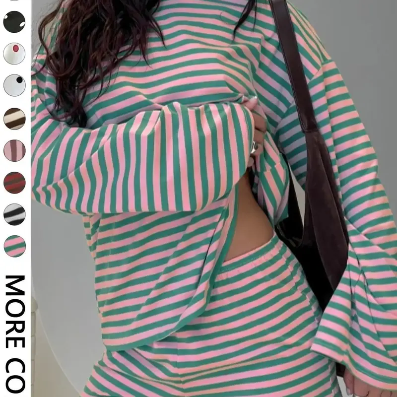 Valentine's Day Women's Casual Striped Long Sleeve Top & Shorts Set, Loose Fit, All Season, Comfortable Travel Clothing for Daily Wear, Two Pieces Outfits