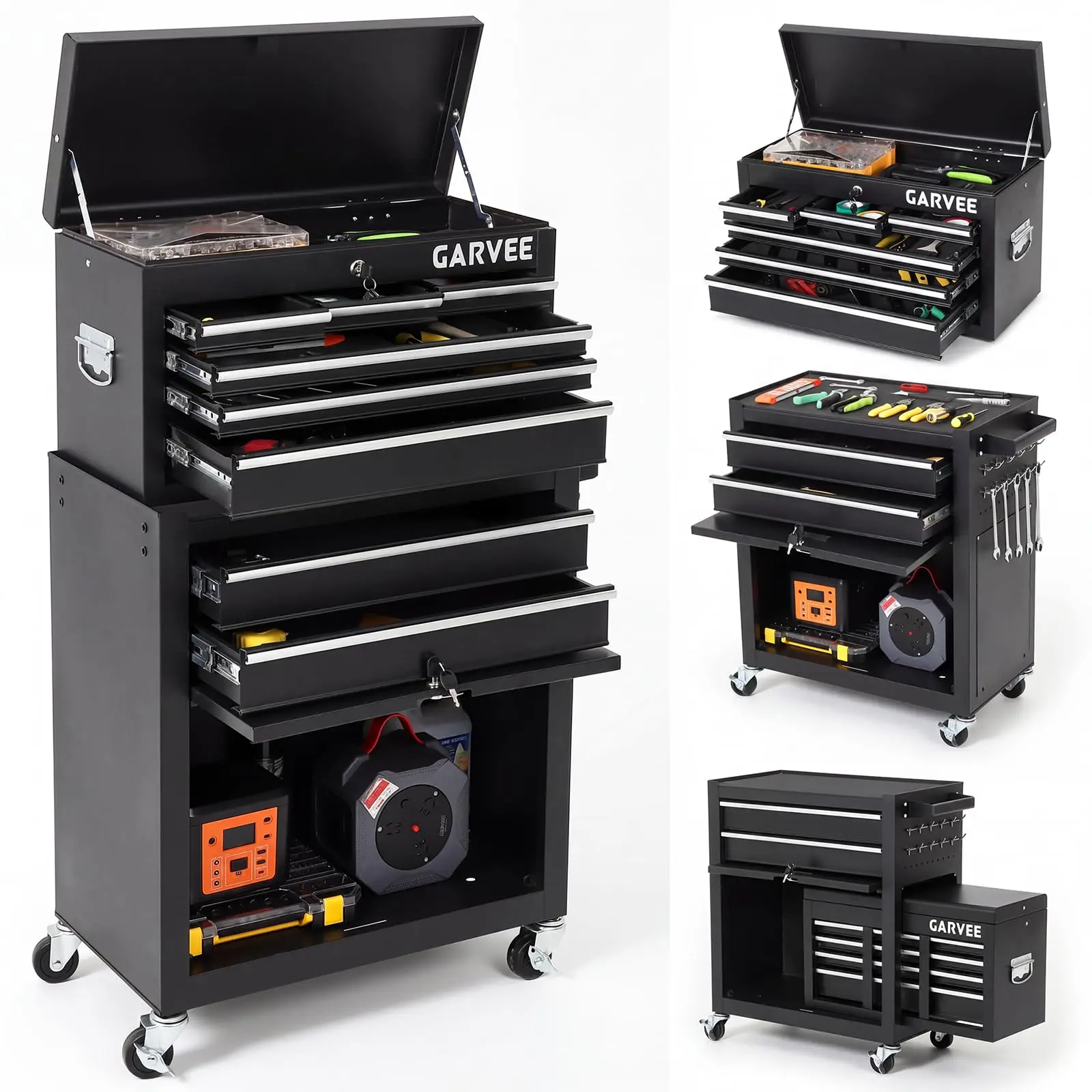 Heavy Duty 8-Drawer Rolling Metal Tool Chest Cabinet - Garage Workbench Organizer with Sliding Drawers, Protective Liner, Side Armrest, 3-in Wheels for Workshop Storage, Red