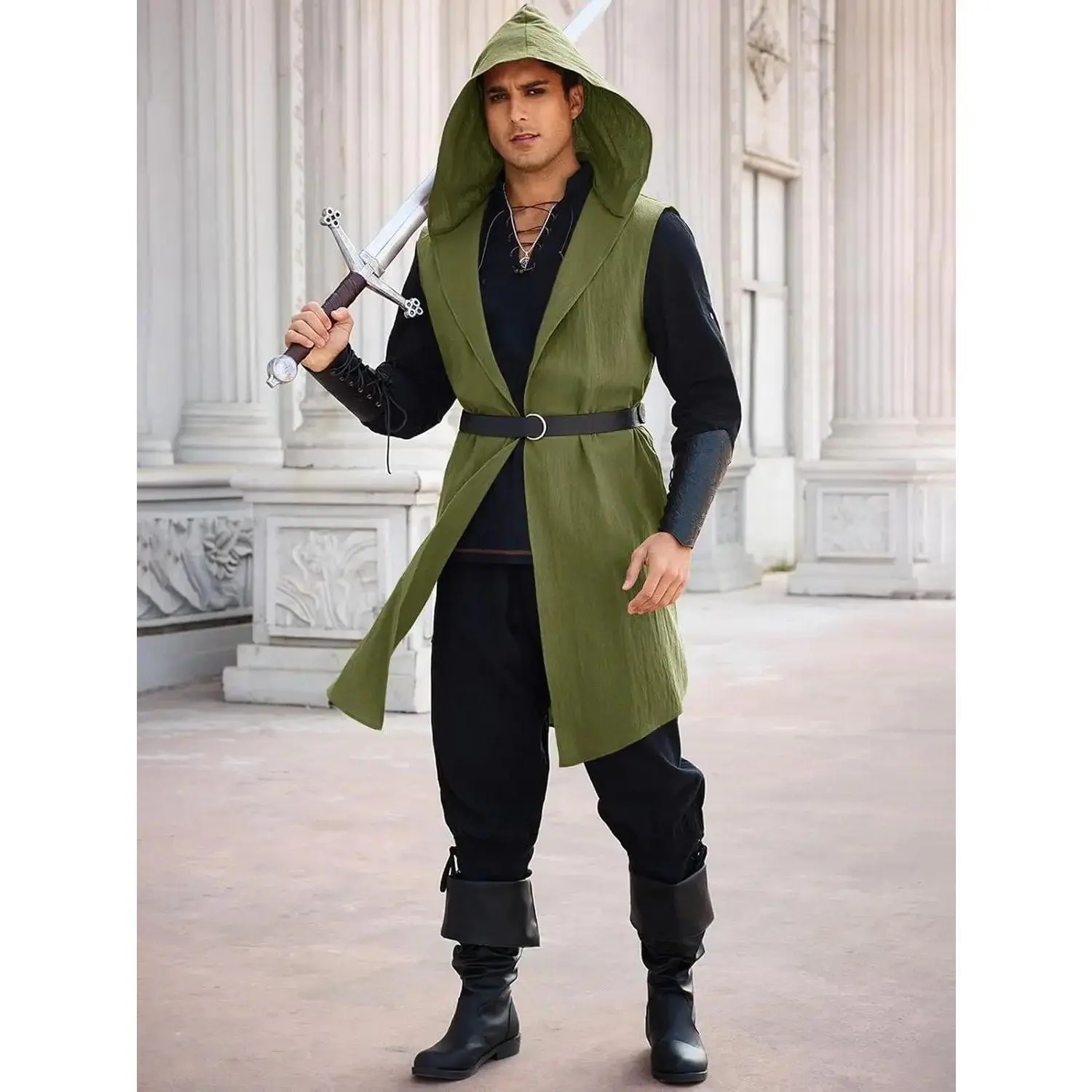 Runcati Mens Renaissance Costume Hooded Surcoat Medieval Knight Sleeveless Tunic Tops Tabard Viking Holloween Cloak